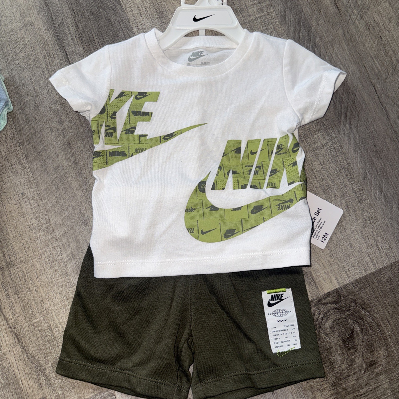 NWT Boys Size 12 Nike 2PC Outfit Set White Logo Tee & Olive Shorts Athletic Set