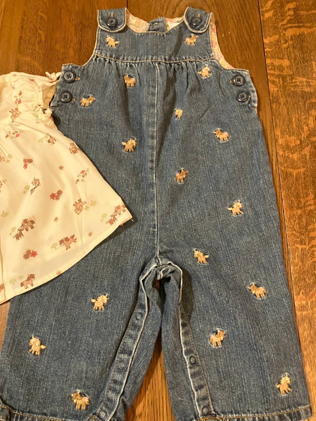 Vtg Gymboree 2008 Pony Ranch denim overalls cowgirl shirt allover horse 3-6 6-12