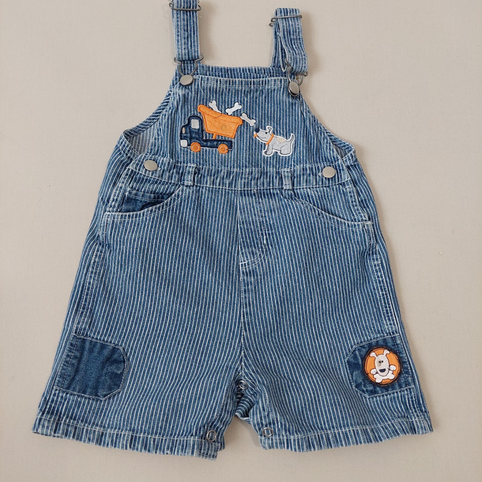 Vintage 90s Striped Dump Truck Puppy Overalls Short Baby Clothes Boys 24 Months
