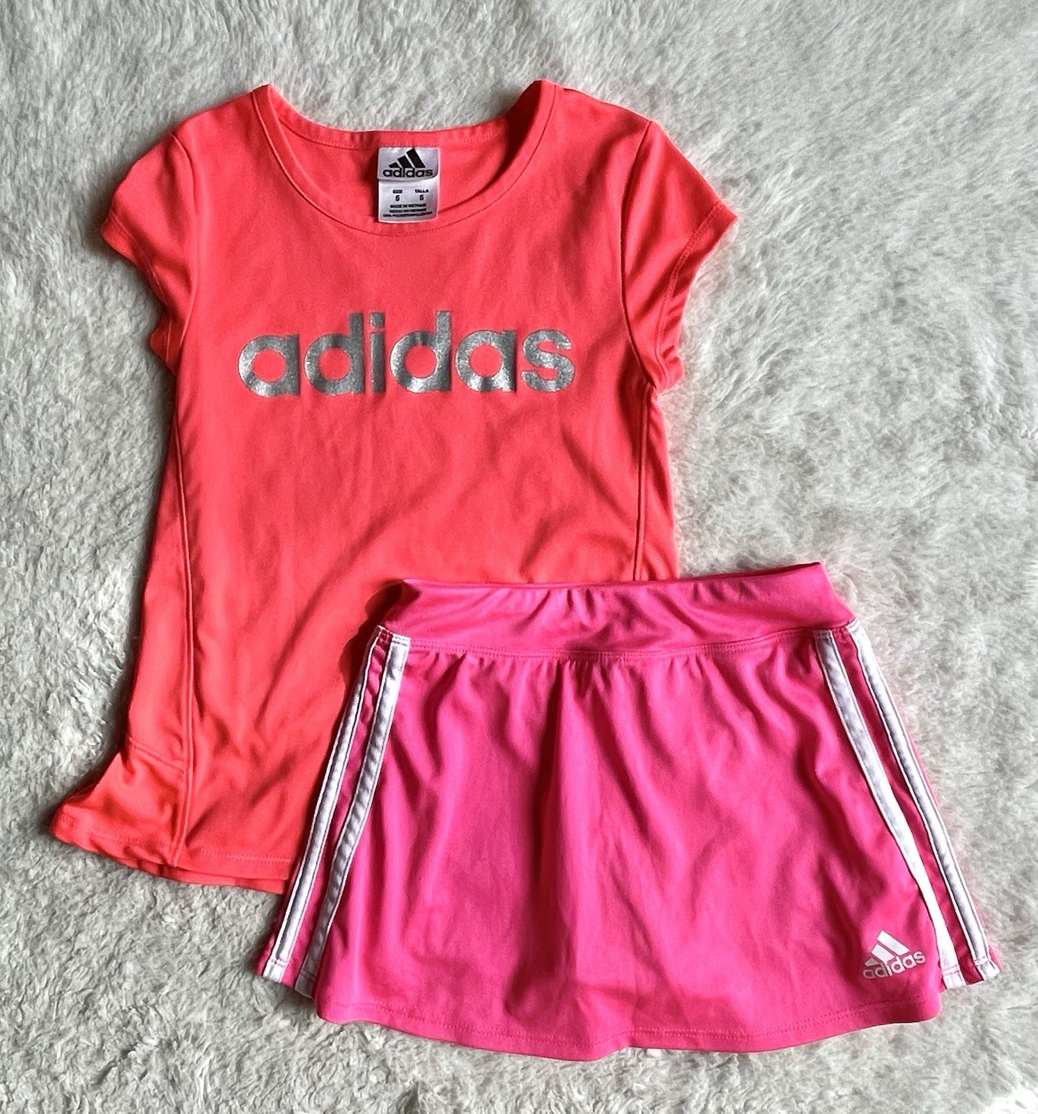 Adidas Kids Girls 5T Neon Orange T-shirt Pink Skort Shorts Set of 2
