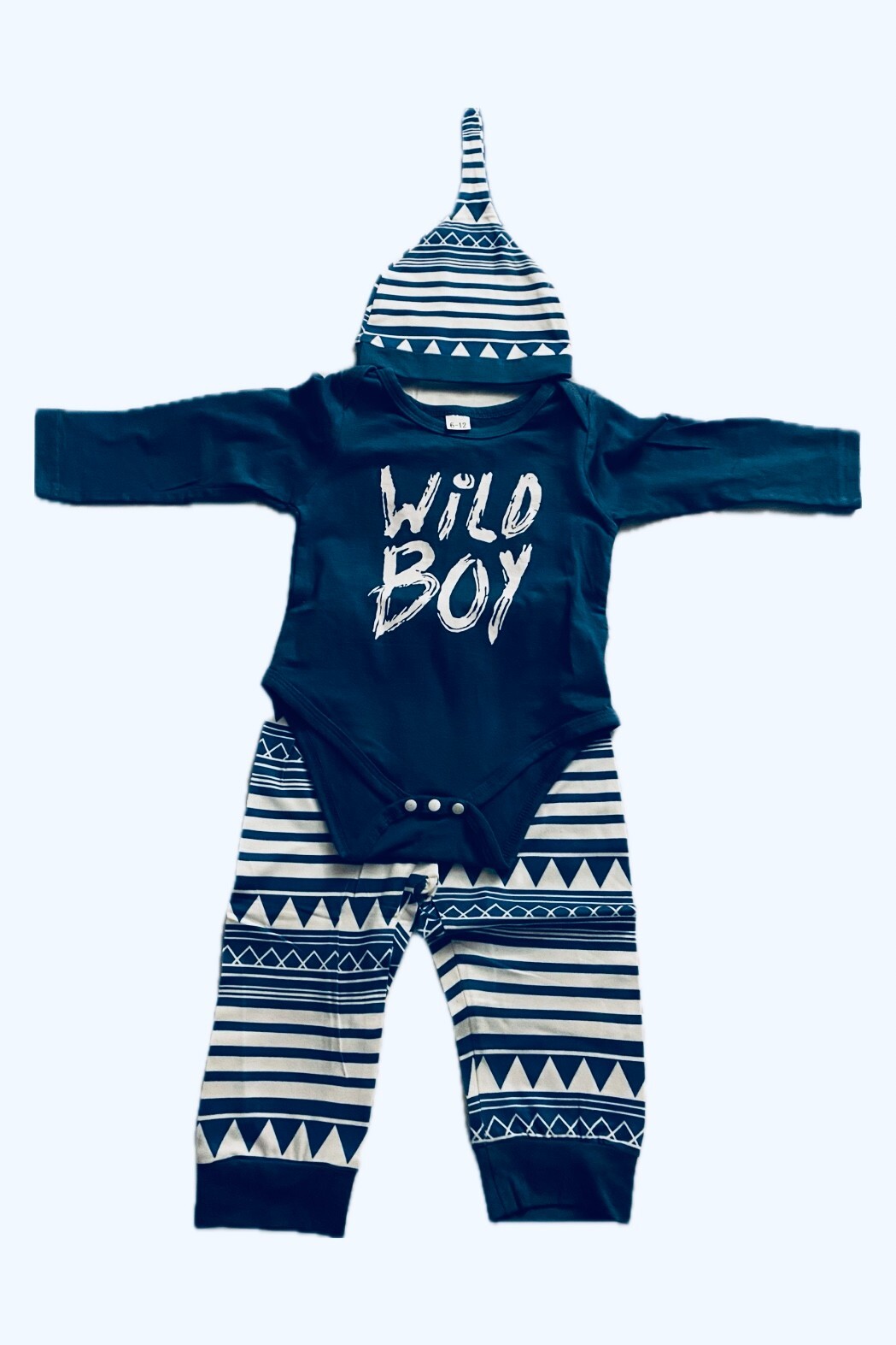 Brand New Blue And White Wild Boy 6/12m Letter Print Romper Long Pants Hat