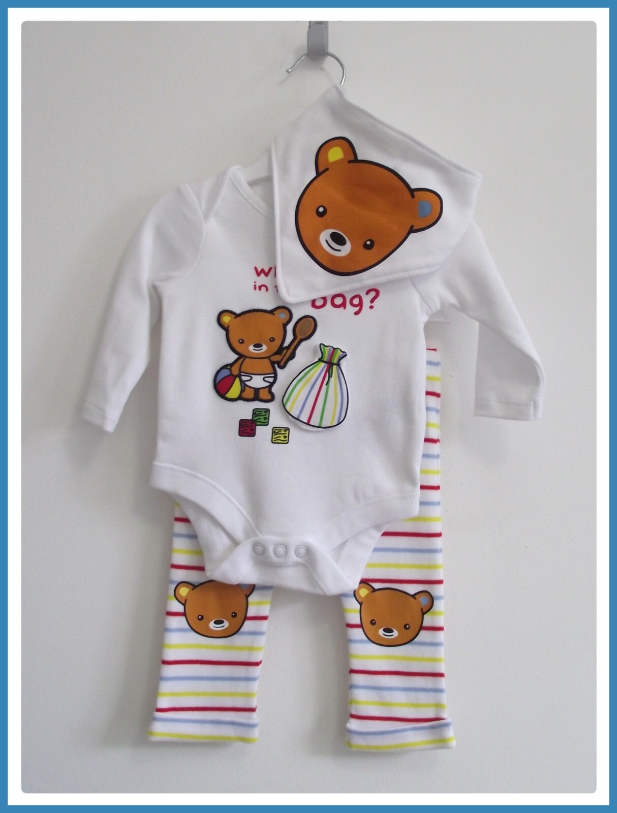 Baby Unisex 0-3m Teddy Bear Bodysuit Leggings & Bib 3 Piece Starter Set NEW