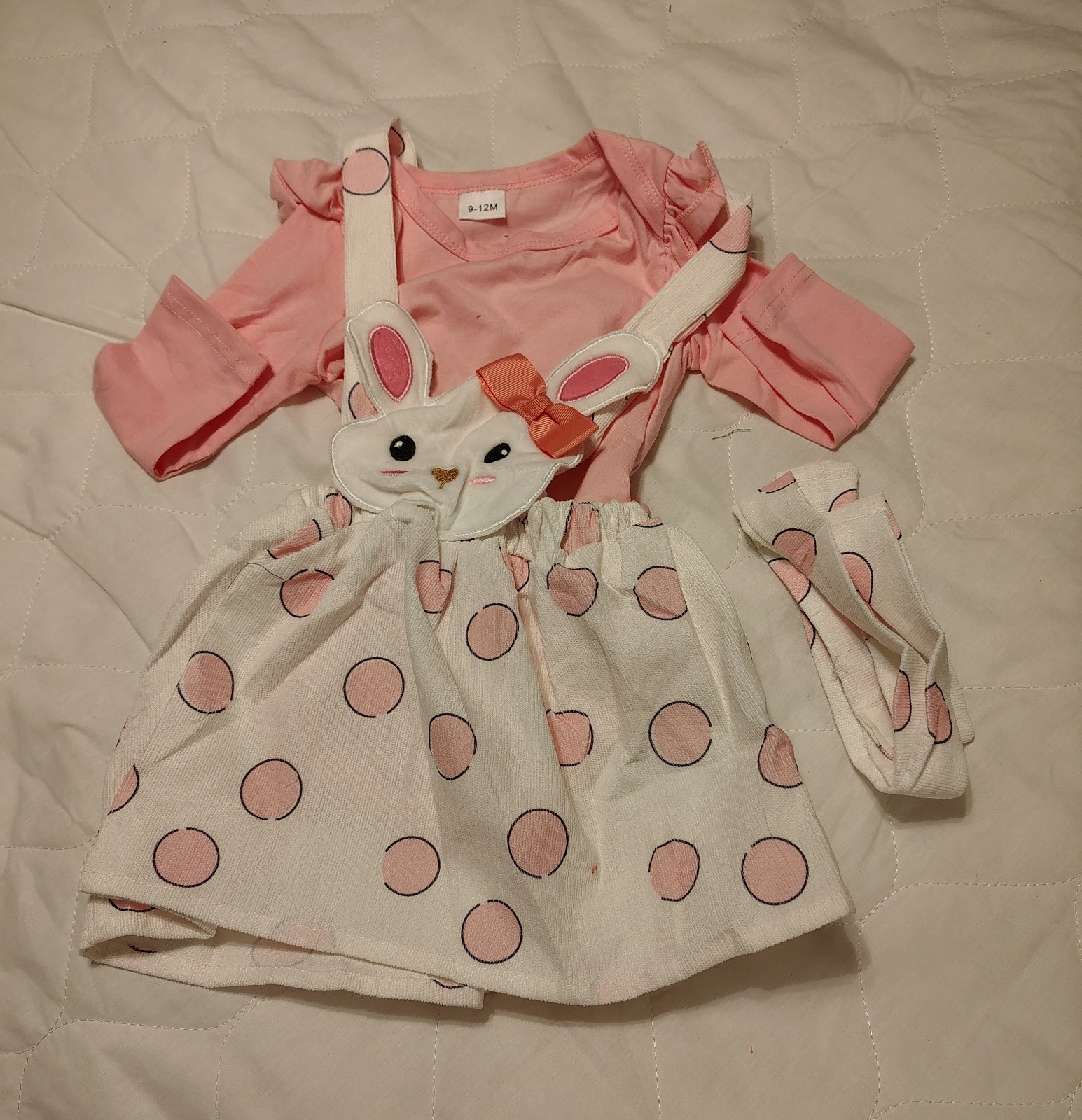 Girls Bunny Dress Set 9-12M Pink/White Cotton Knit Long Sleeve w/ Headband