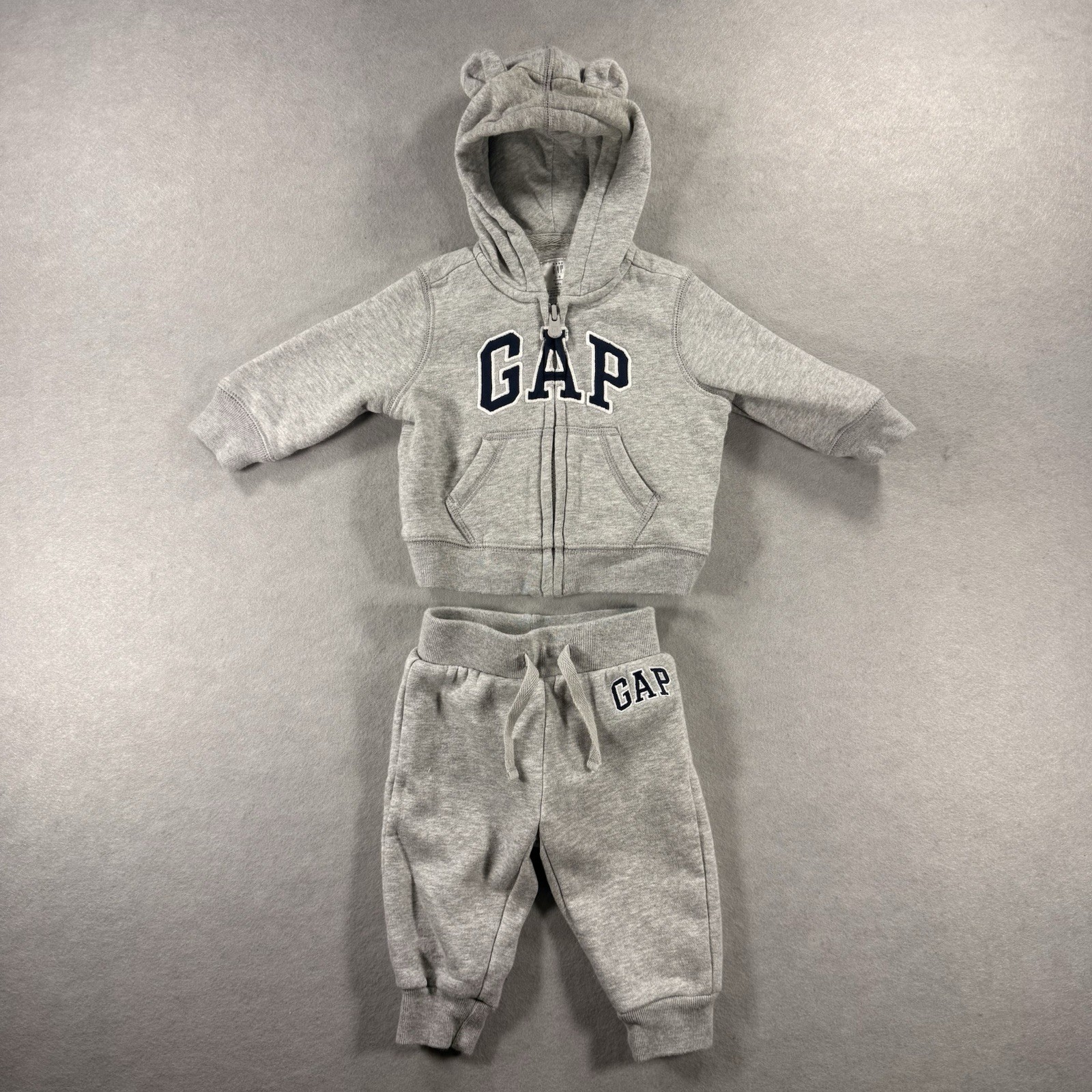 Baby Gap Gray Hoodie Jogger Set 3-6 Months Bear Ears Zip Up 2 Piece Outfit