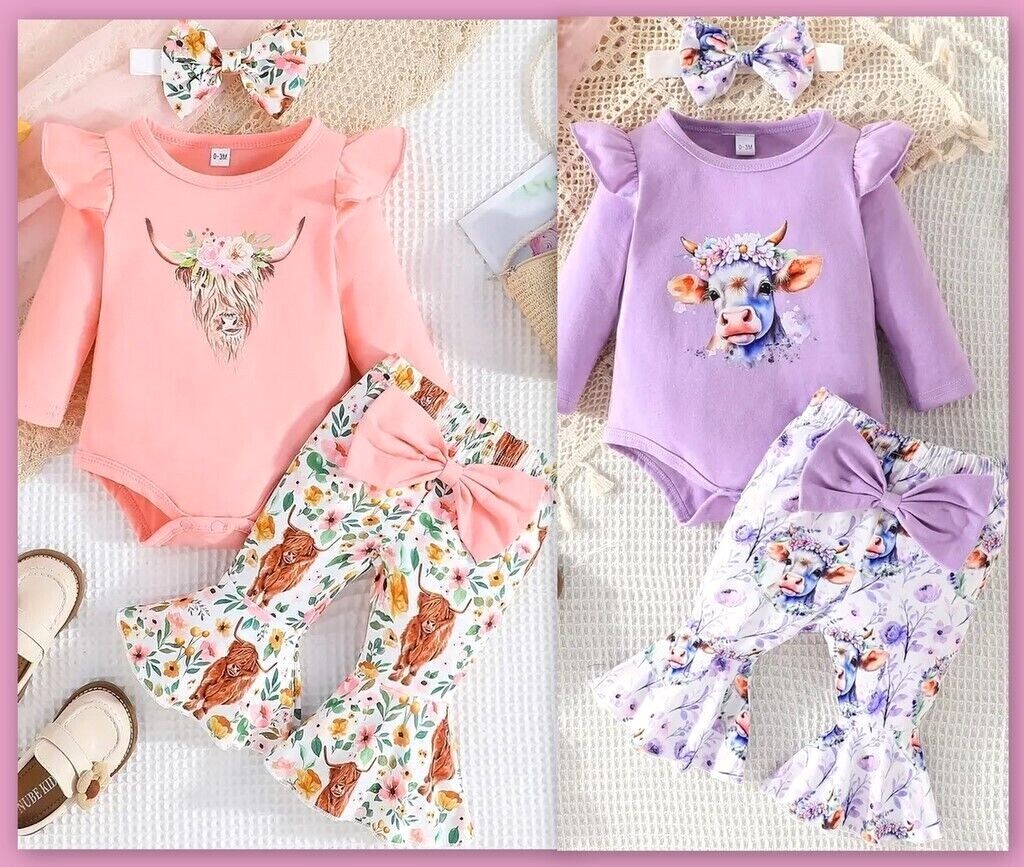 NEW Baby Girls Pants Outfit Highland Cow Boutique Romper Flared Pants 3 Pc Gift