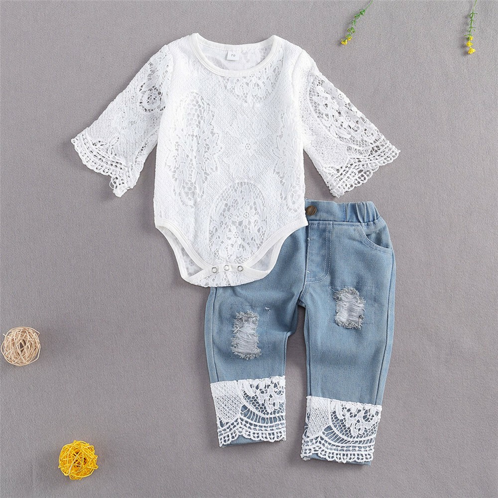2Pcs Newborn Infant Baby Girl Clothes Outfit Lace Romper + Blue Denim Pants Set