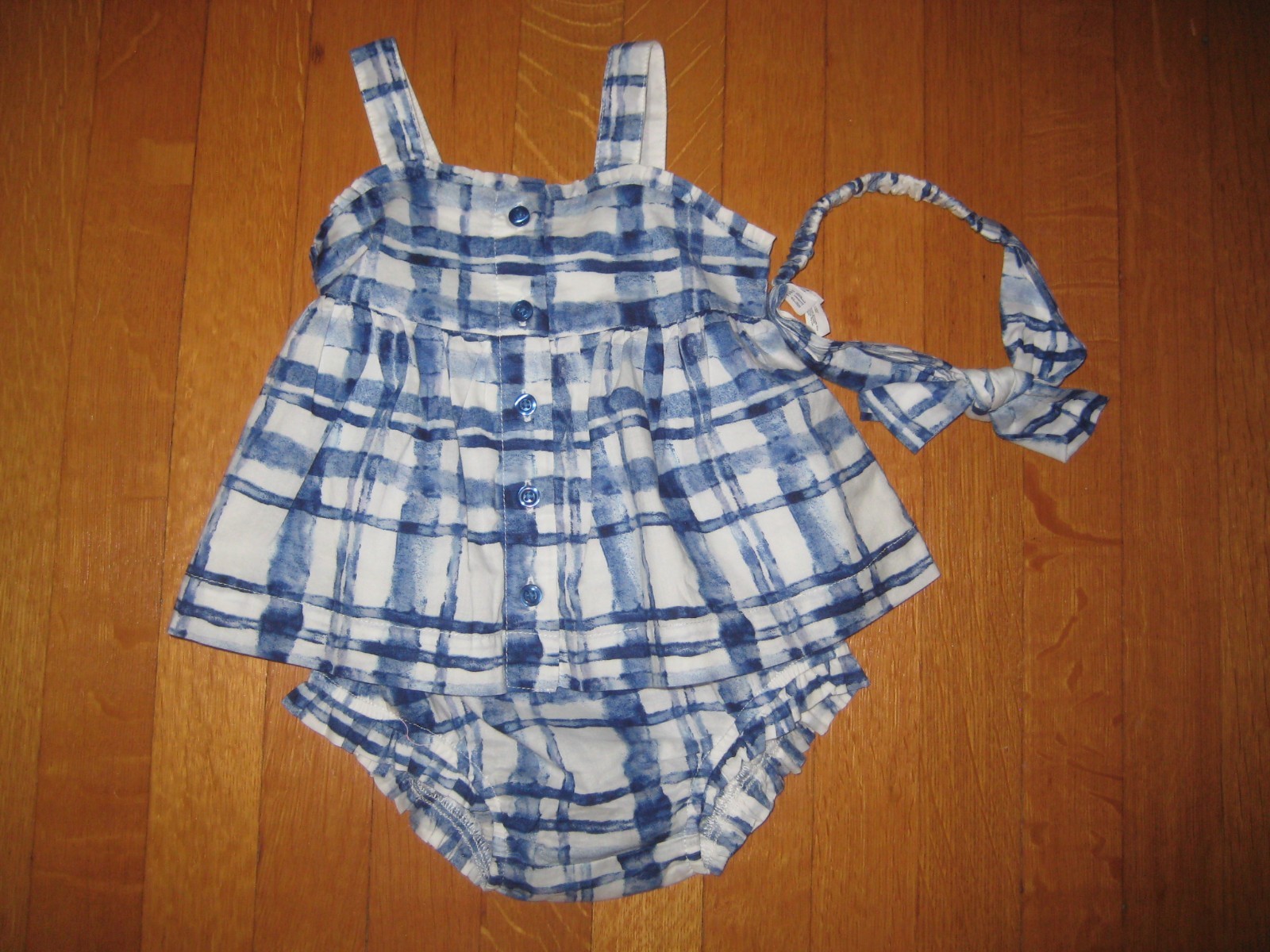 NEW Baby Gap Blue White Top Bloomers Headband Outfit 3-Piece Set 6-12 Months NWT