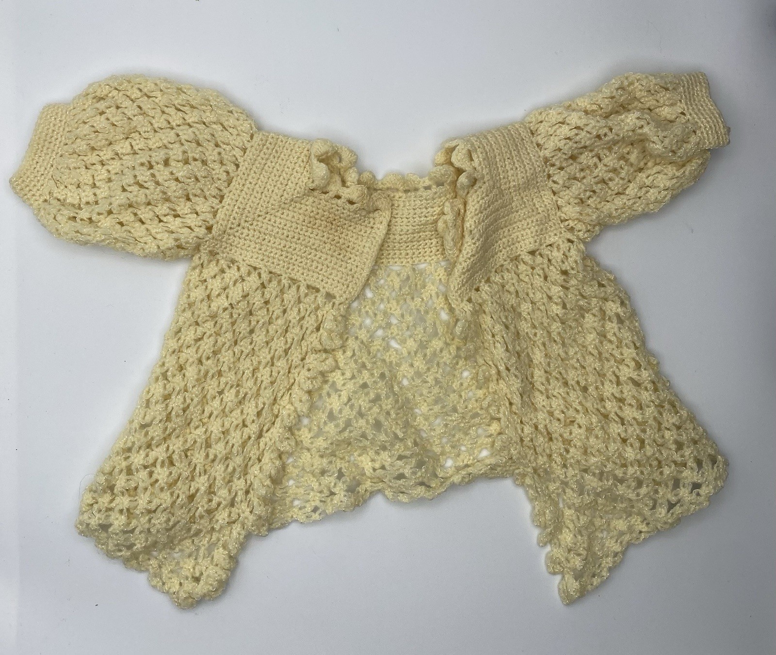 Vintage Hand Crocheted Yellow Baby Set Sweater Hat Booties 1960/70s Good Cond