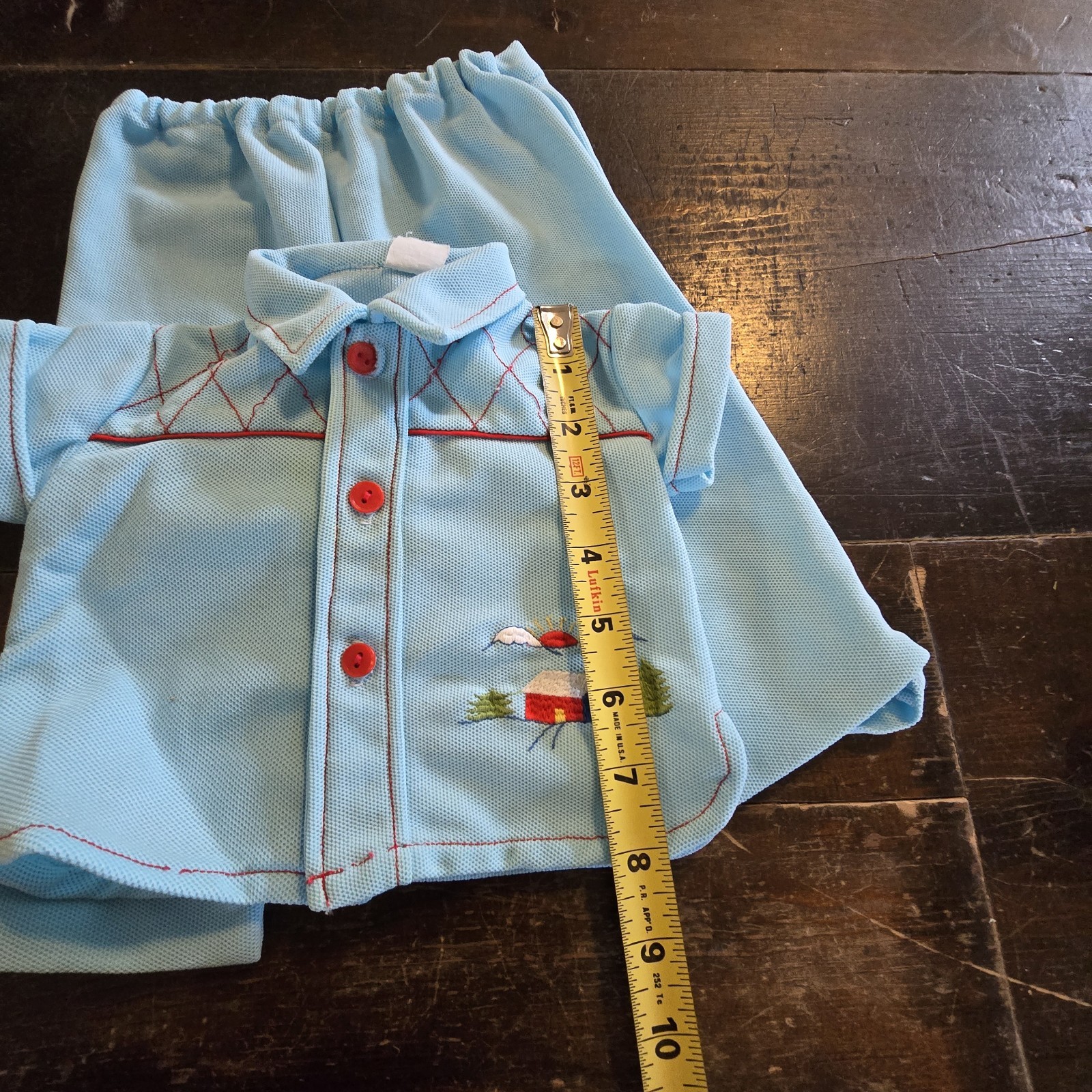 Vintage 70s 80s Baby Outfit Pants Shirt Blue Red 6-9 Months? Cabin Scene Snaps