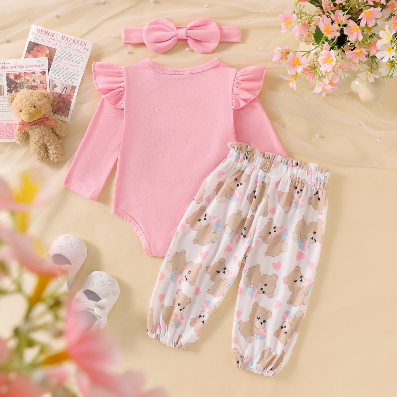 Ursobutegl Newborn Infant Baby Girl Outfits Ruffle Bear Long 0-3 Months, Pink