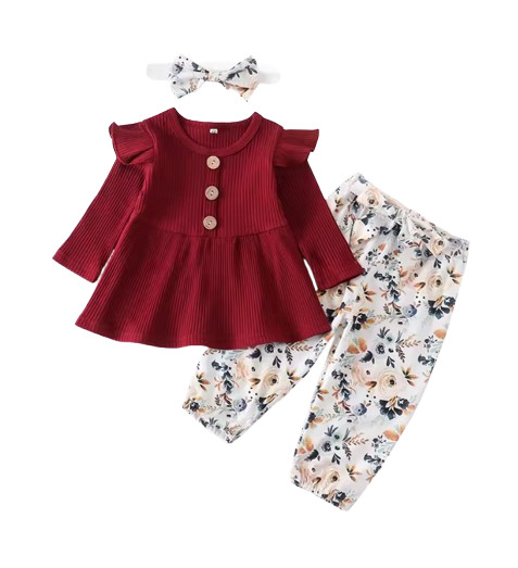 Baby Girl Red/Green Knit Set – Long Sleeve Top & Floral Print Pants 2‑Piece Set