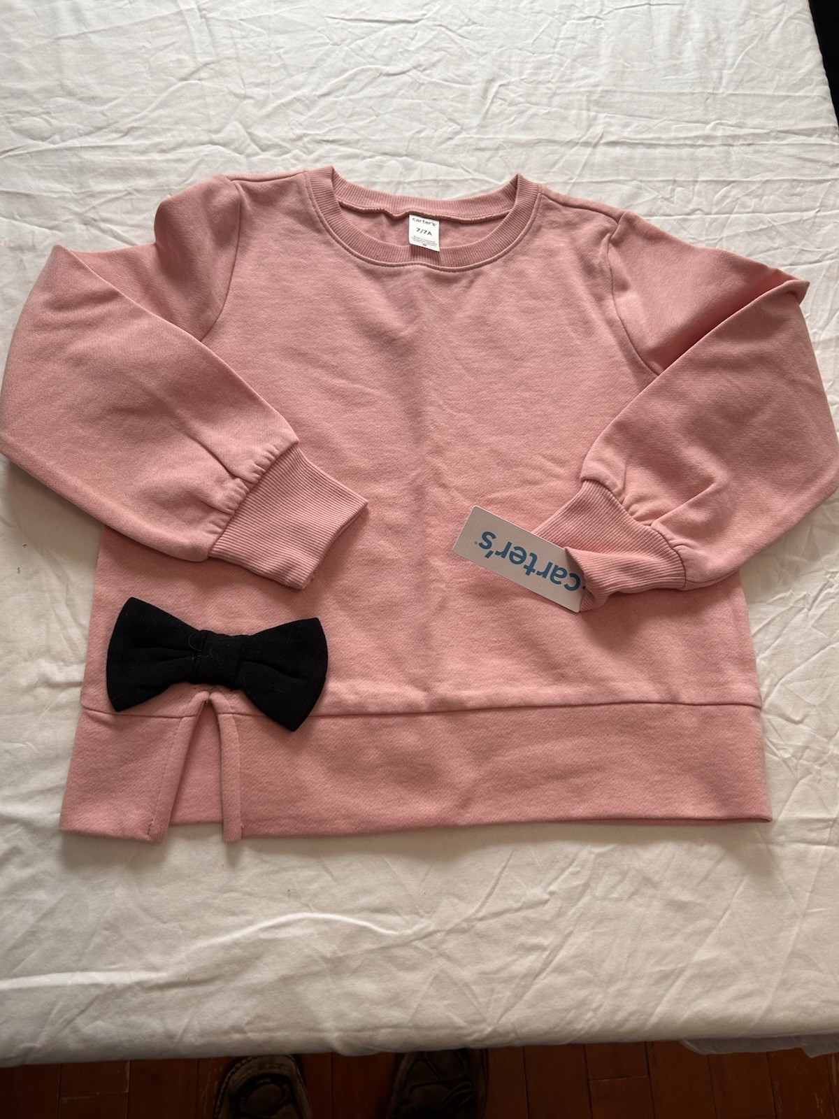 Carter’s Girls Pink Pullover Sweatshirt Sz 7/7A | Black Bow Accent & Side Slit