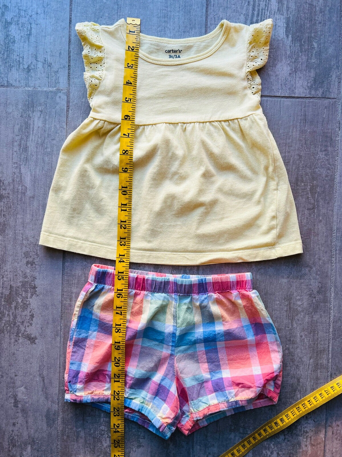 Toddler Girl 2 Piece Outfit Set Eyelet Top Sleeveless Babydoll & Plaid Shorts 3T