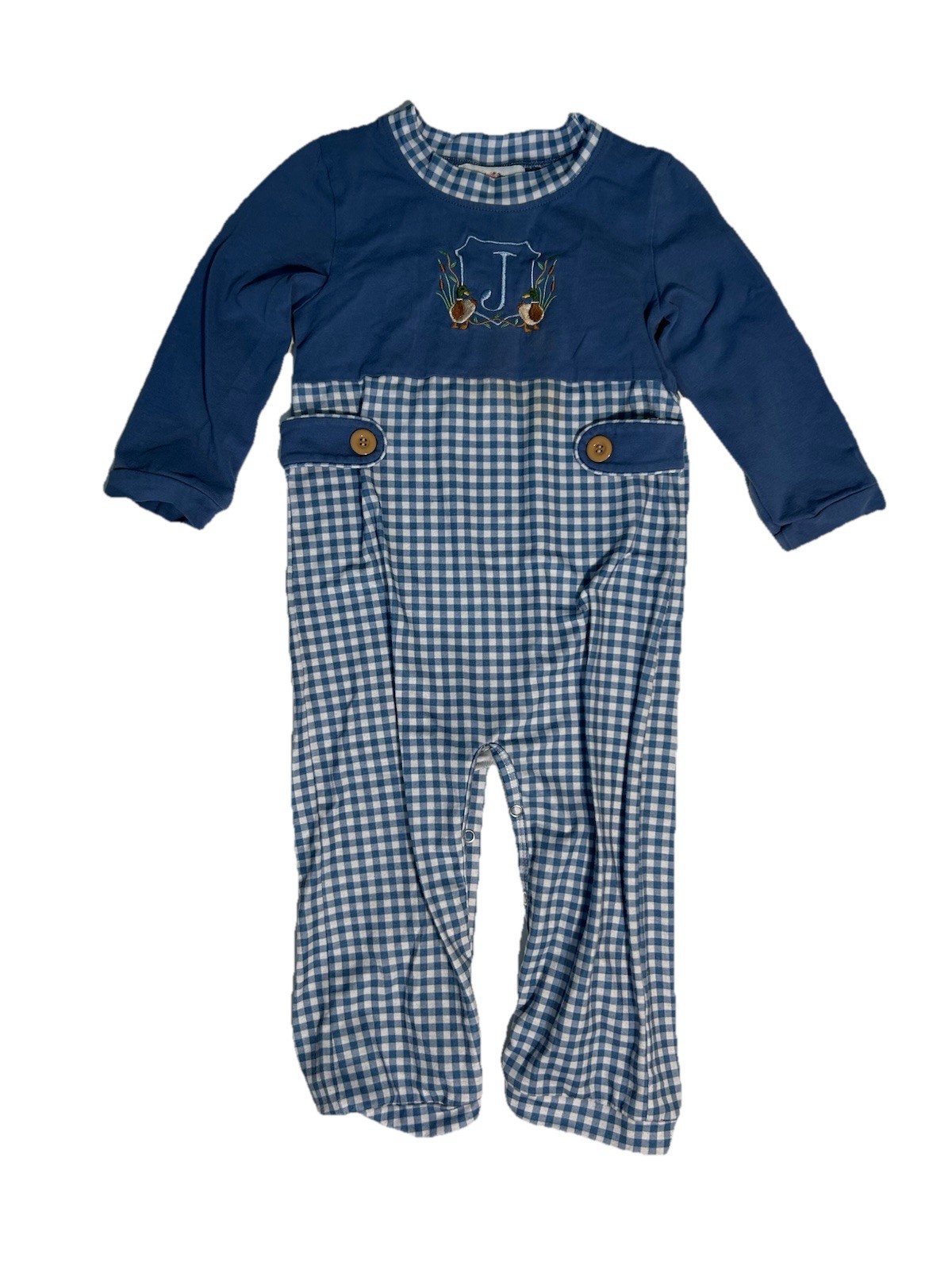 Little J’s Gingham Plaid Blue Boys Outfit With Custom Duck Monogram Letter “J”