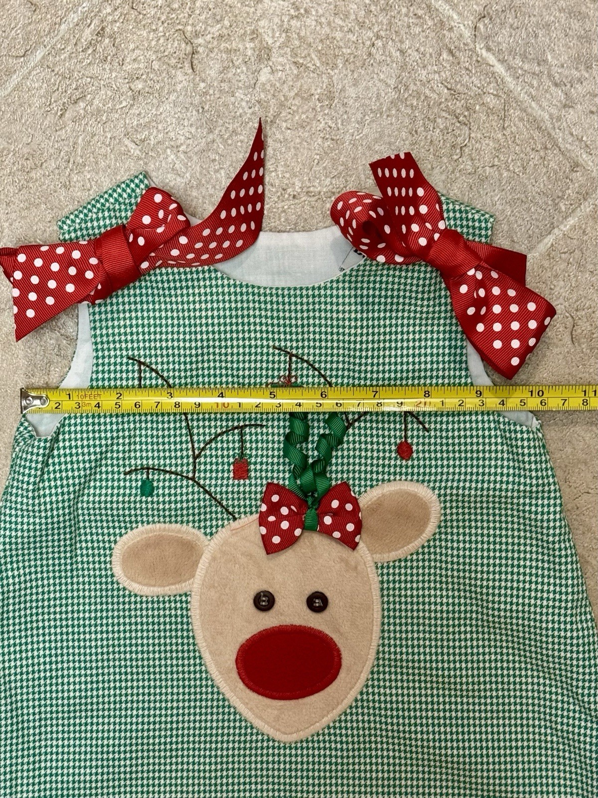 VTG Bailey Boys 12 Mo Girl 2 Piece Set Green Houndstooth Reindeer Bows Holiday