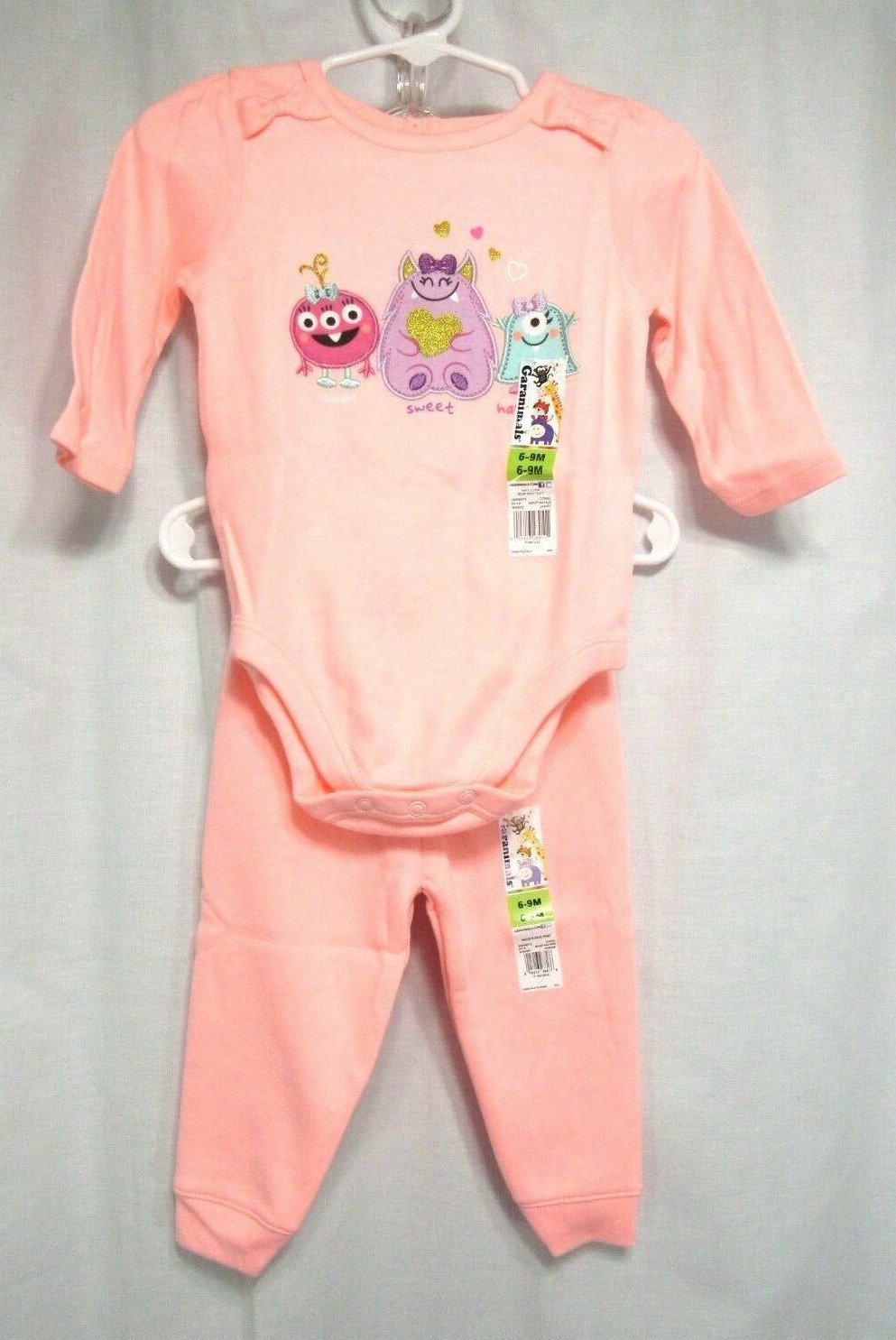 New Garanimals Bodysuit and Pants Girls Size 6 9 Months Orange Little Monsters