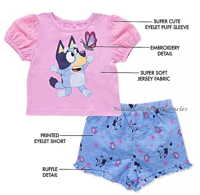 Bluey T Shirt Shorts Set Outfit Toddler Girl Size 18M 2T 3T 4T 5T Disney Dog 4 5