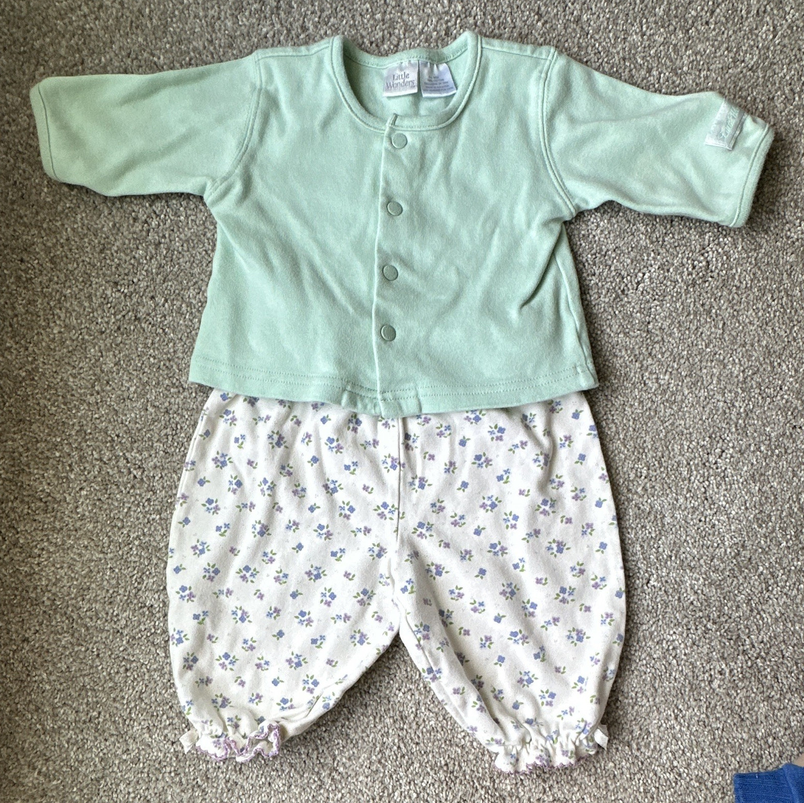 Vintage Pairing Girls 0-3M 2pc Outfit Set Green Floral Long Sleeve Knit Cotton