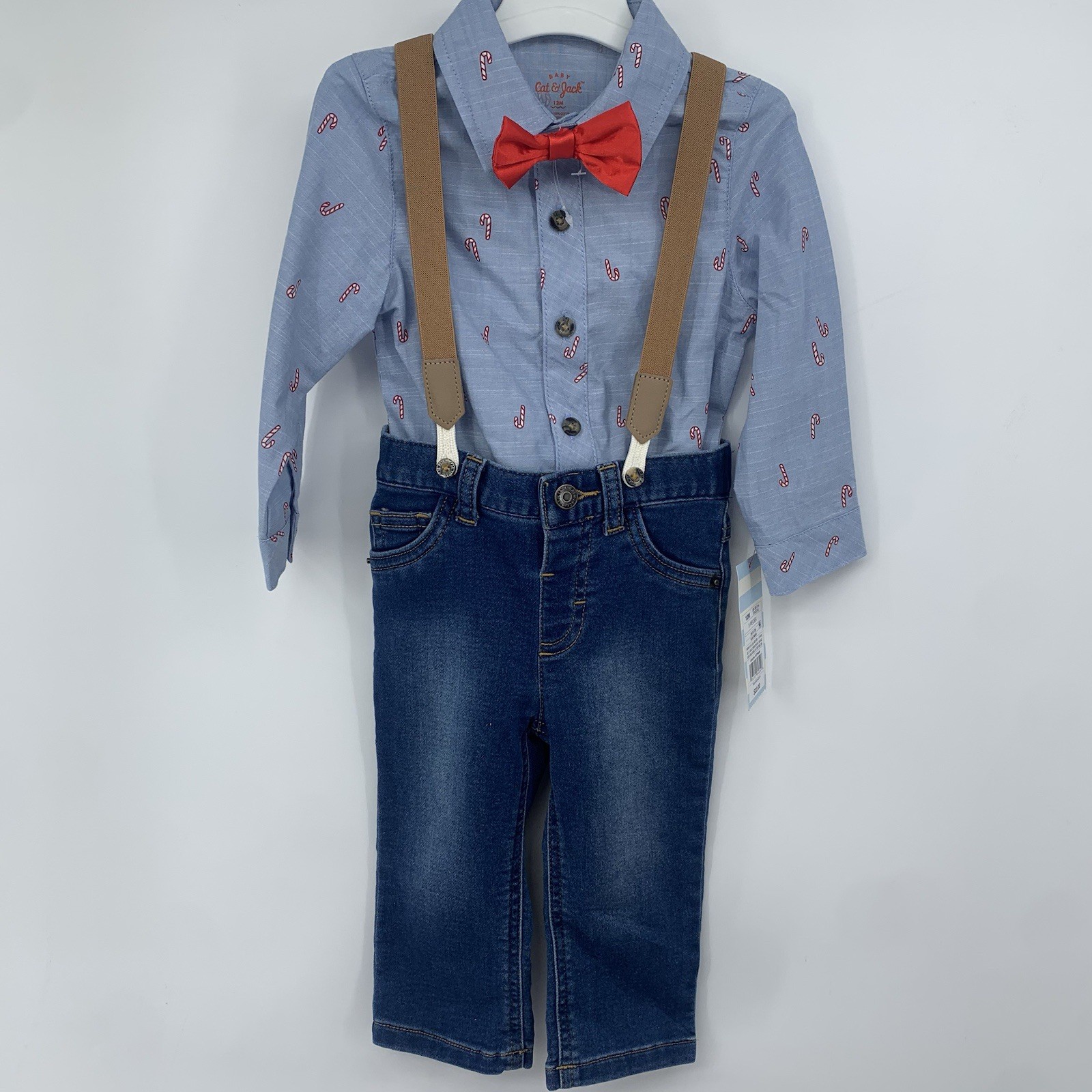 NWT Cat & Jack Baby Boys’ Candy Cane 3pc Suspender Set Bow Tie 12 months