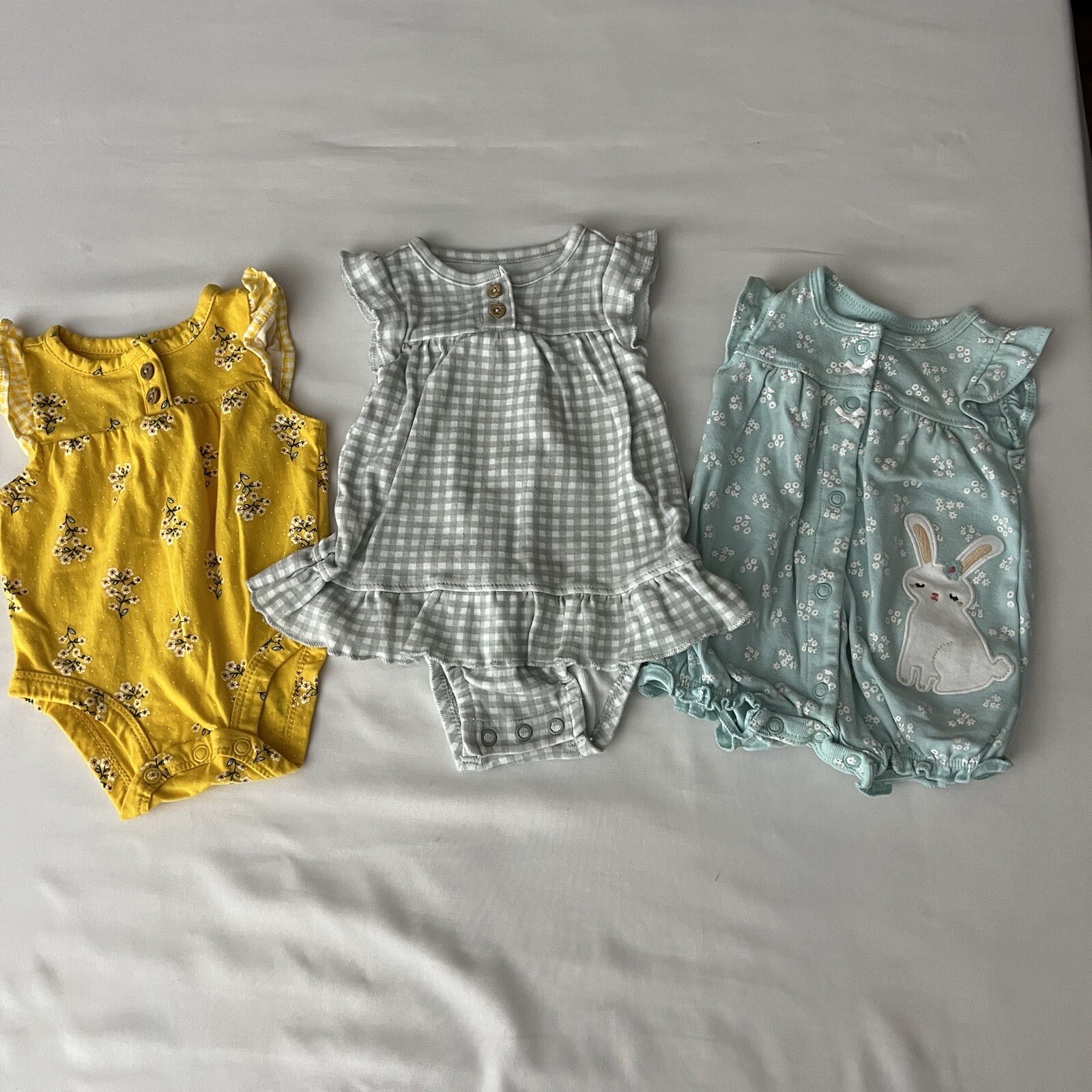 CARTERS One Piece Body Suits NB Baby Girl 3 Rompers Jumpsuits Peplum Cap Sleeve