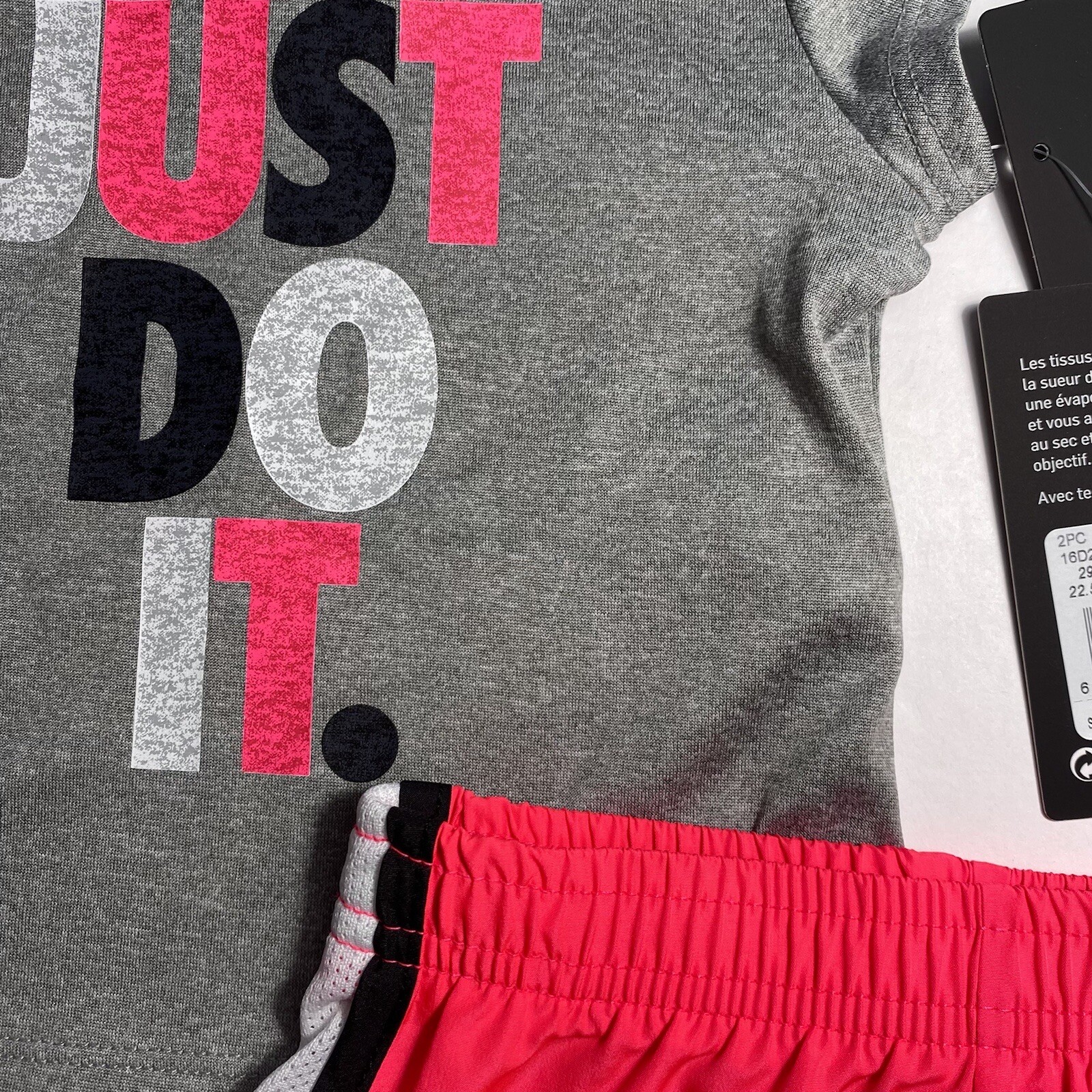 Nike Just Do It Dri-Fit Tee Shirt & Shorts Set Outfit Grey Pink Sz 12M NEW