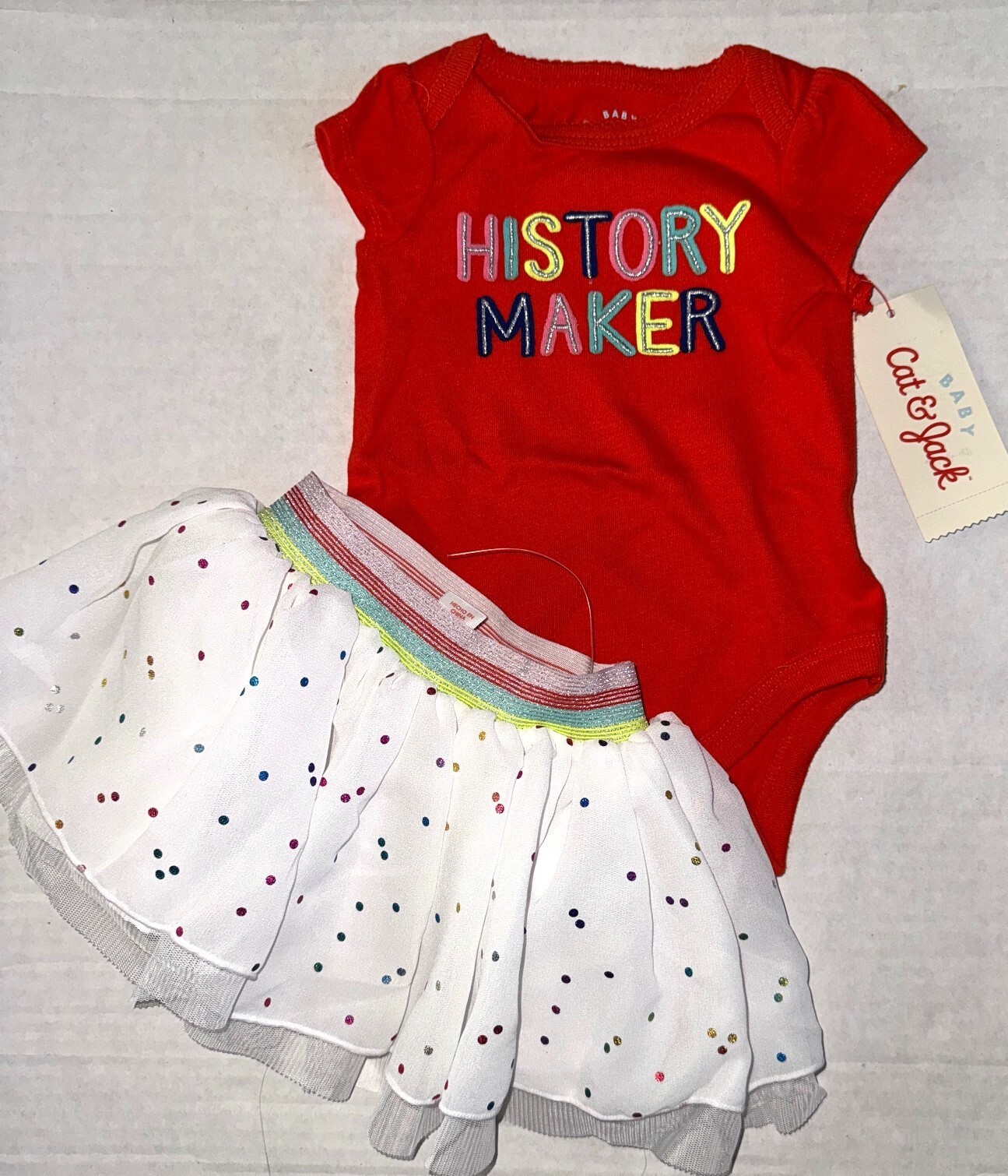 CAT & JACK 2 piece set orange/white/polka dots HISTORY MAKER motif size NEWBORN
