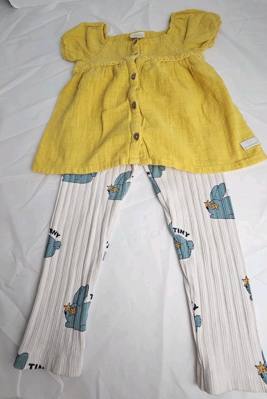 2 Piece Mix Toddler Outfit Yellow Button Up Shirt White Blue Leggings Size 4T