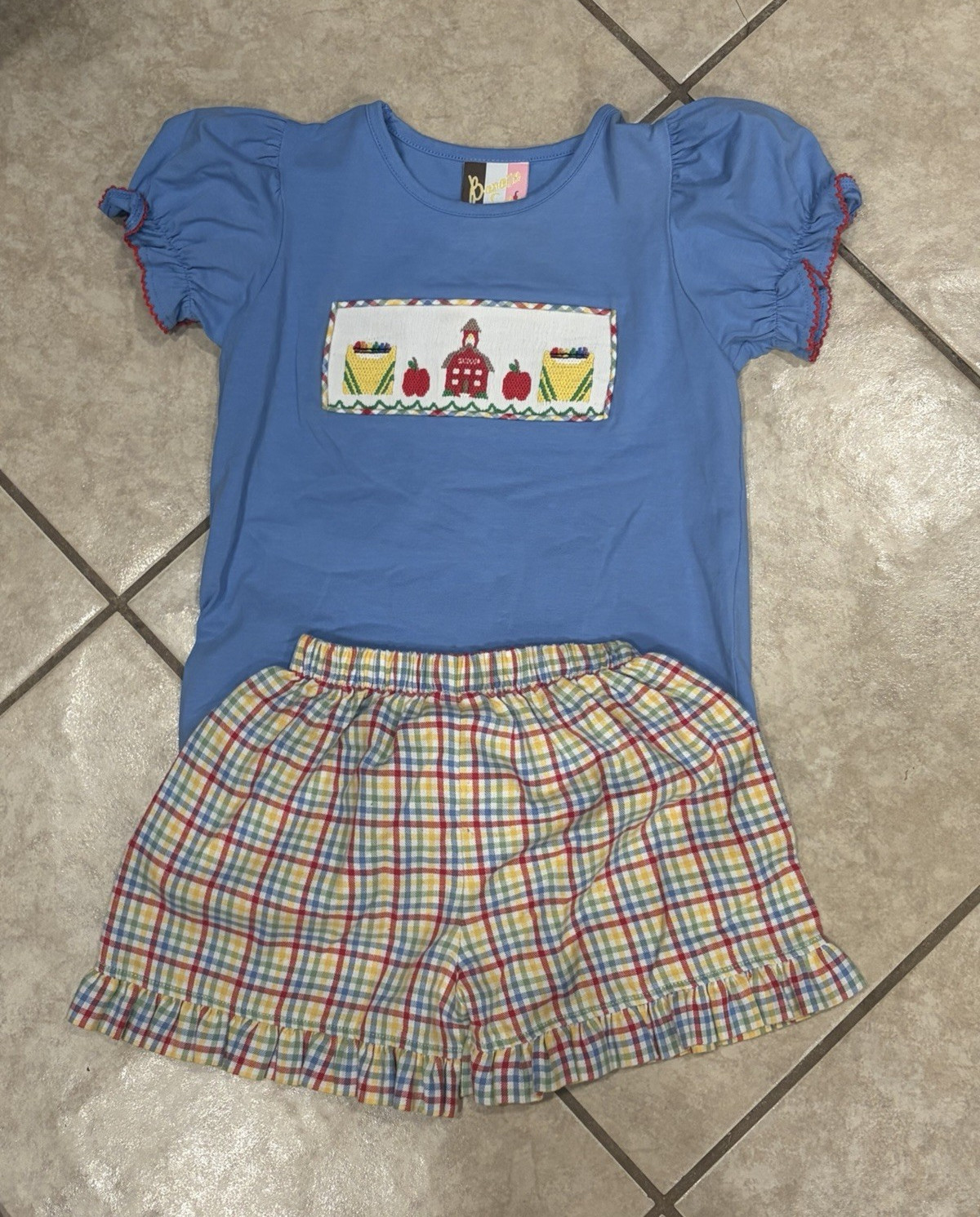 Girls Farm Theme Blue Smocked Ruffle Top & Plaid Shorts 2-Piece Set Size 4