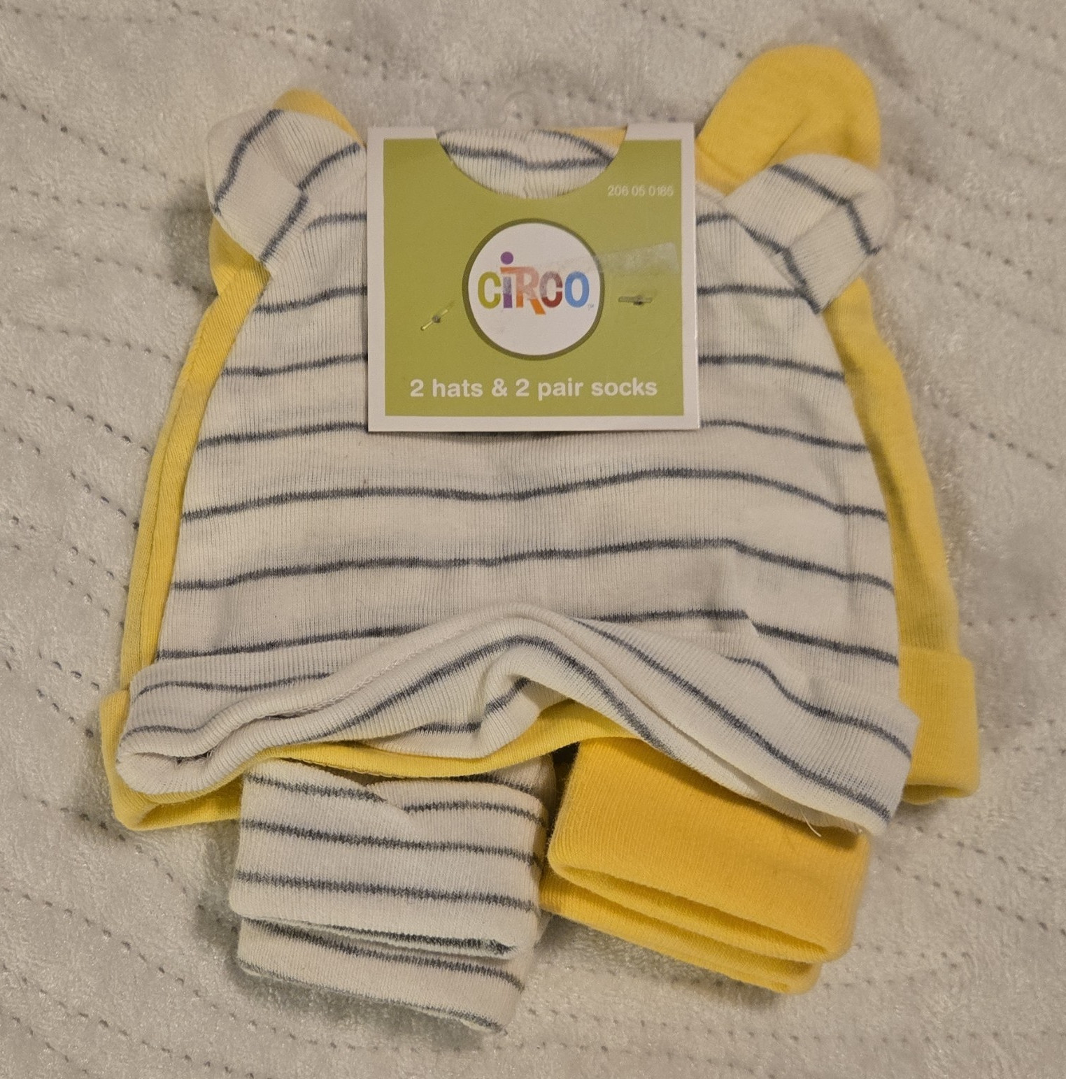 Circo 3-6M 4-Piece Knit Hat & Socks Set, Yellow Stripe, Bear Ears, Cotton