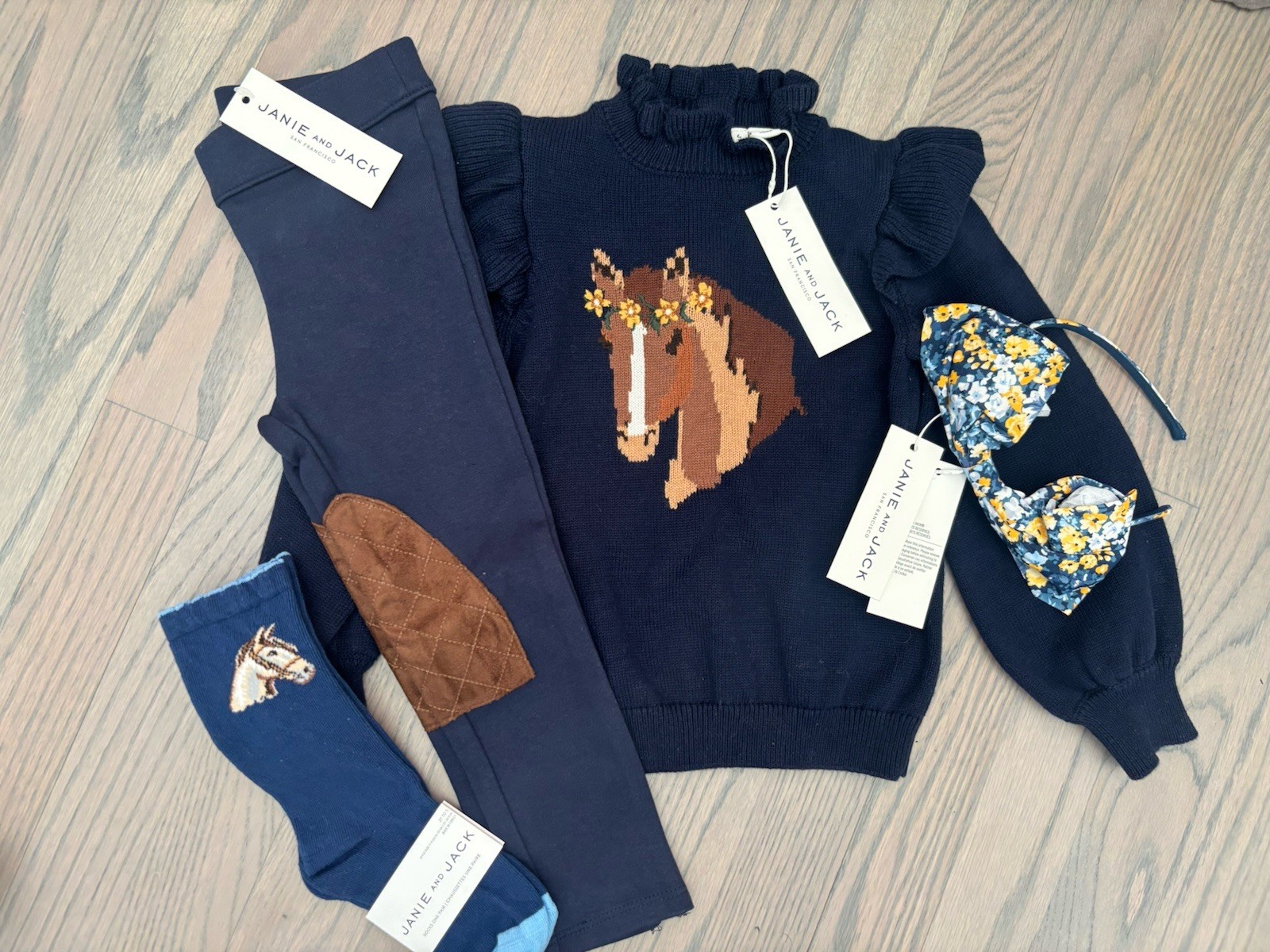 NWT Janie and Jack girl 4-piece SPRING navy horse sweater equestrian sock SET 2T