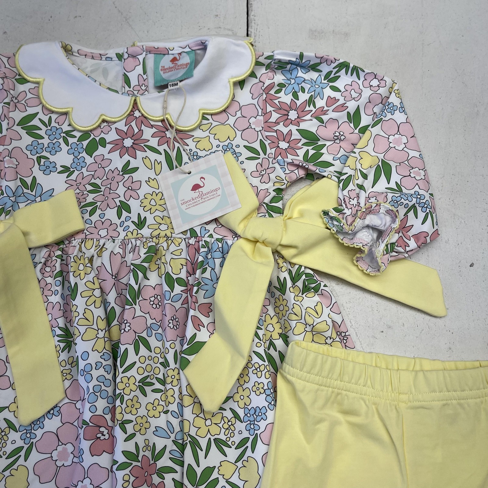 The Smocked Flamingo Dress Pants Set Baby Girls 18-24M Yellow Floral Knit