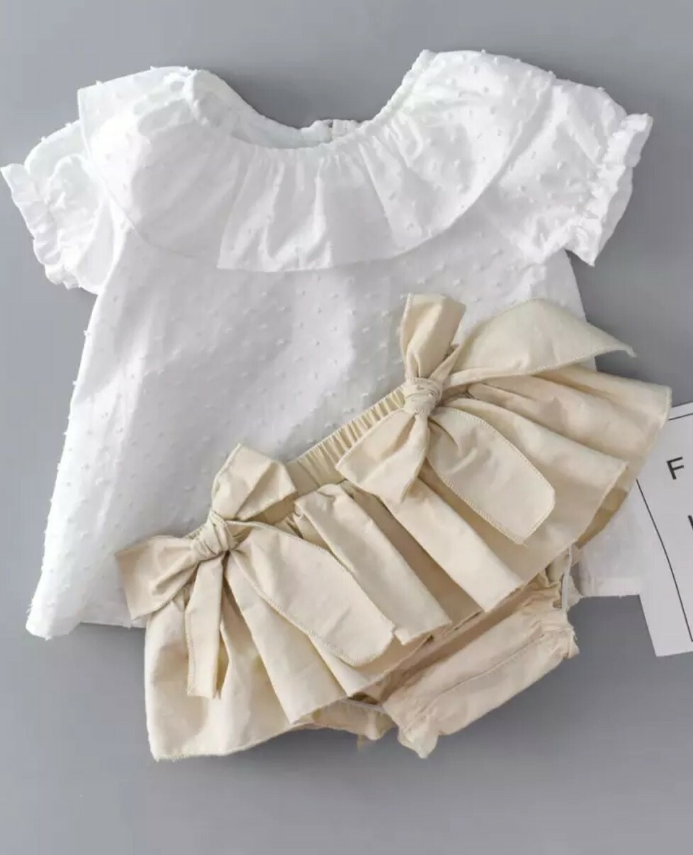 Toddler baby Girl Beige And White Cotton Summer short/skirt bloomers blouse Set