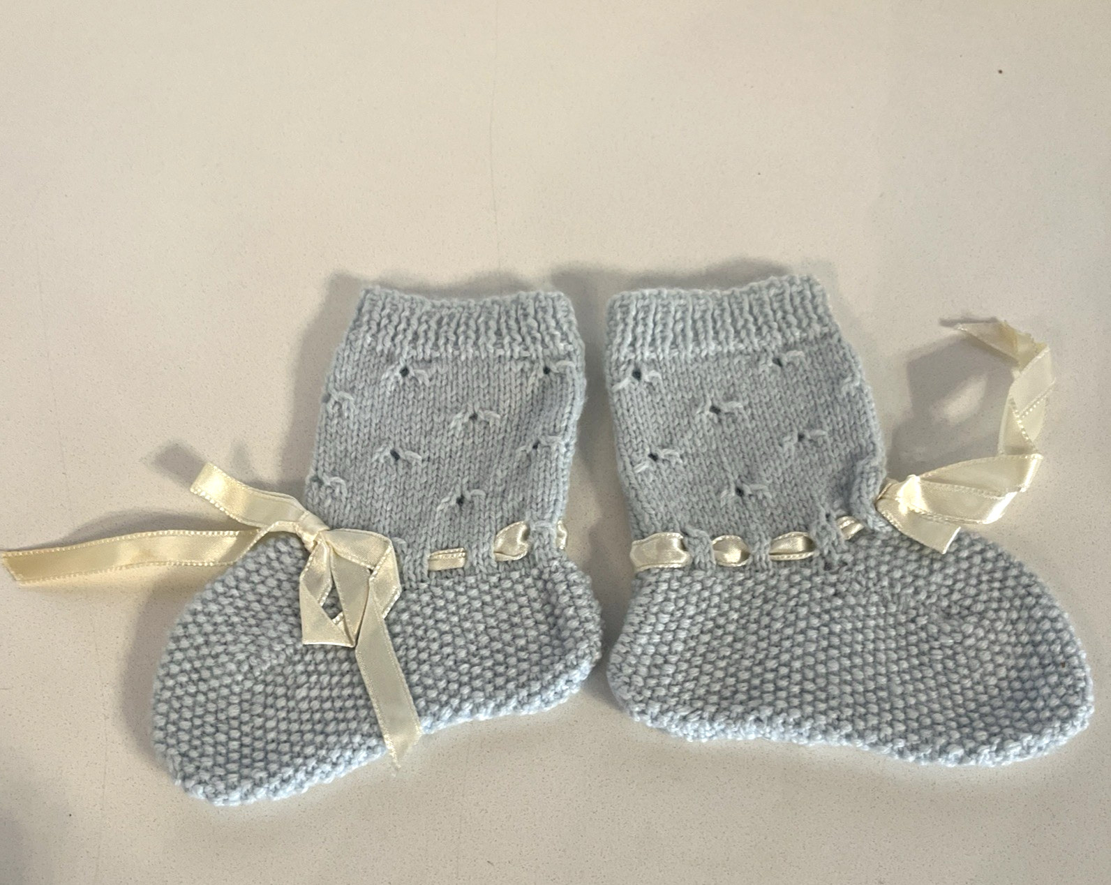 Vintage Baby Sweater & Booties Handknitted Fancy Blue with White Satin Ribbon