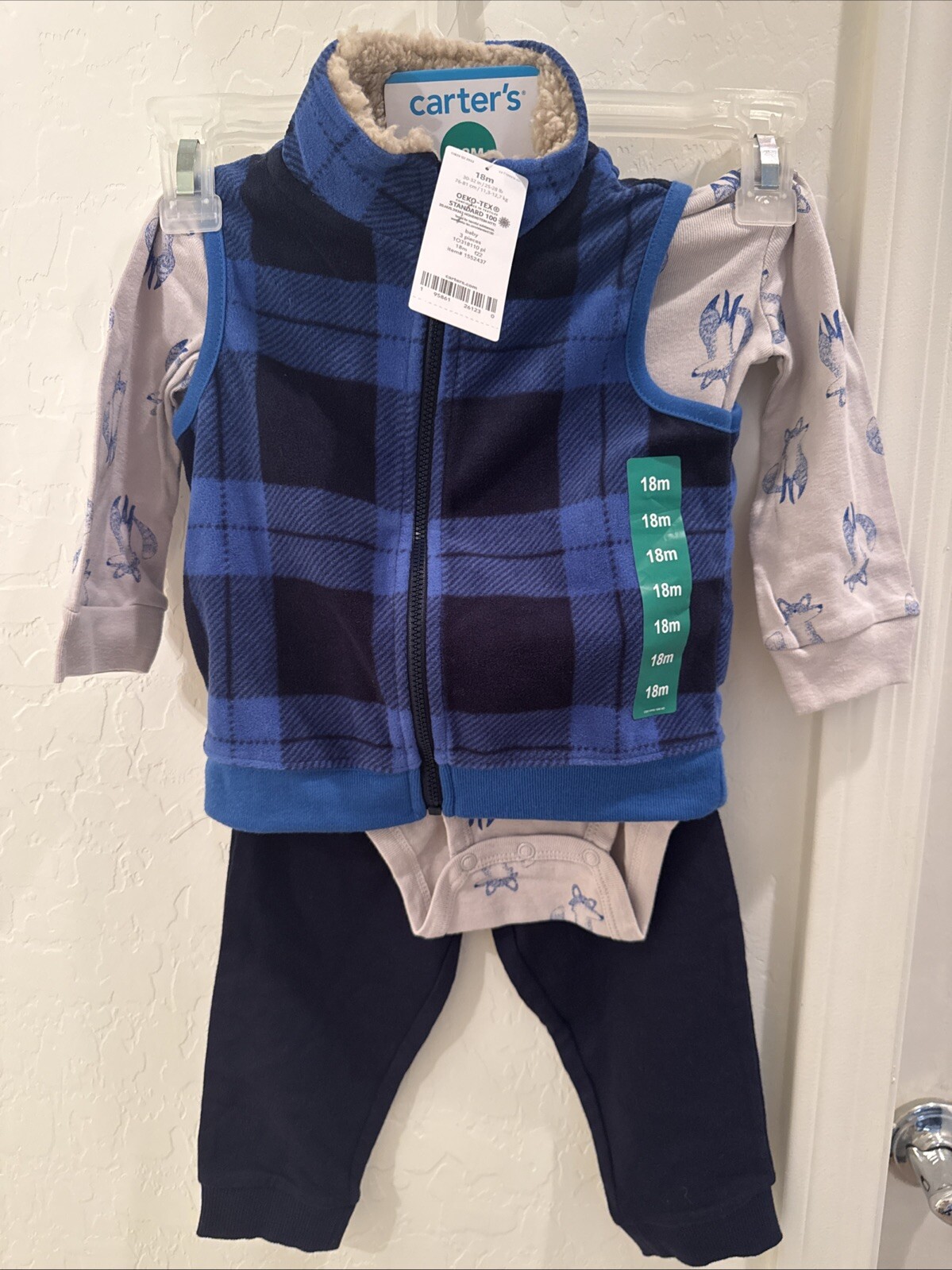 Boys Size 18M Carter’s 3-Piece Pants Set Includes Vest & Bodysuit Blue Gray Fox