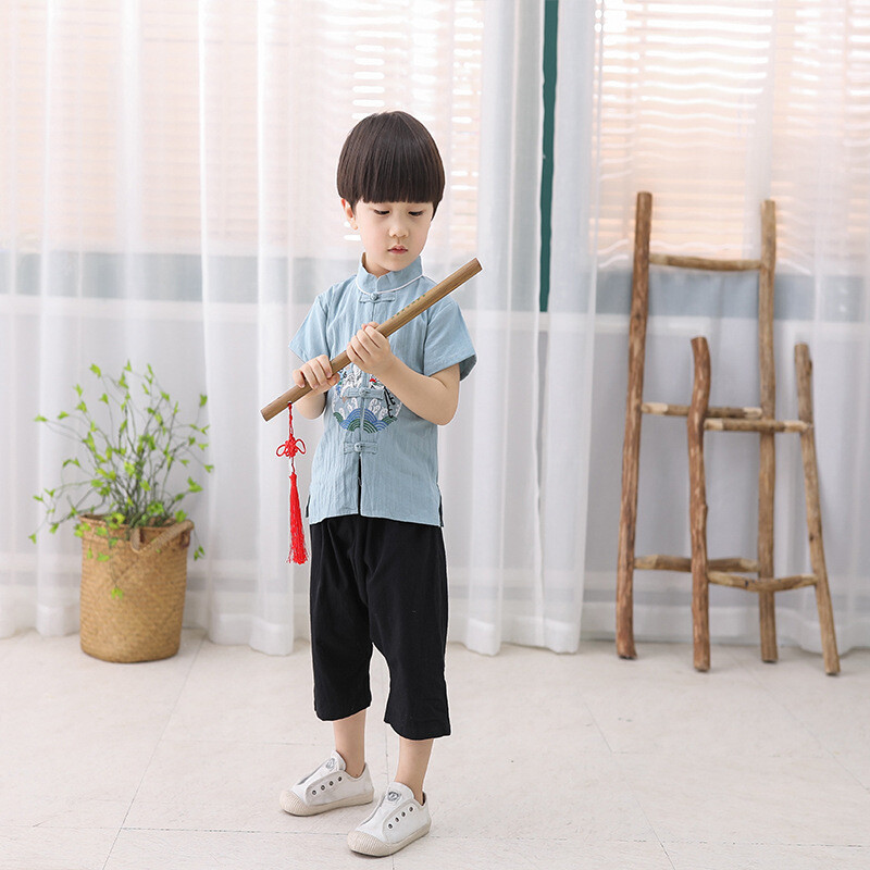 2x Chinese Ancient Hanfu Kids Boy Tang Suits Cotton Outfits Toddler Ethnic Retro