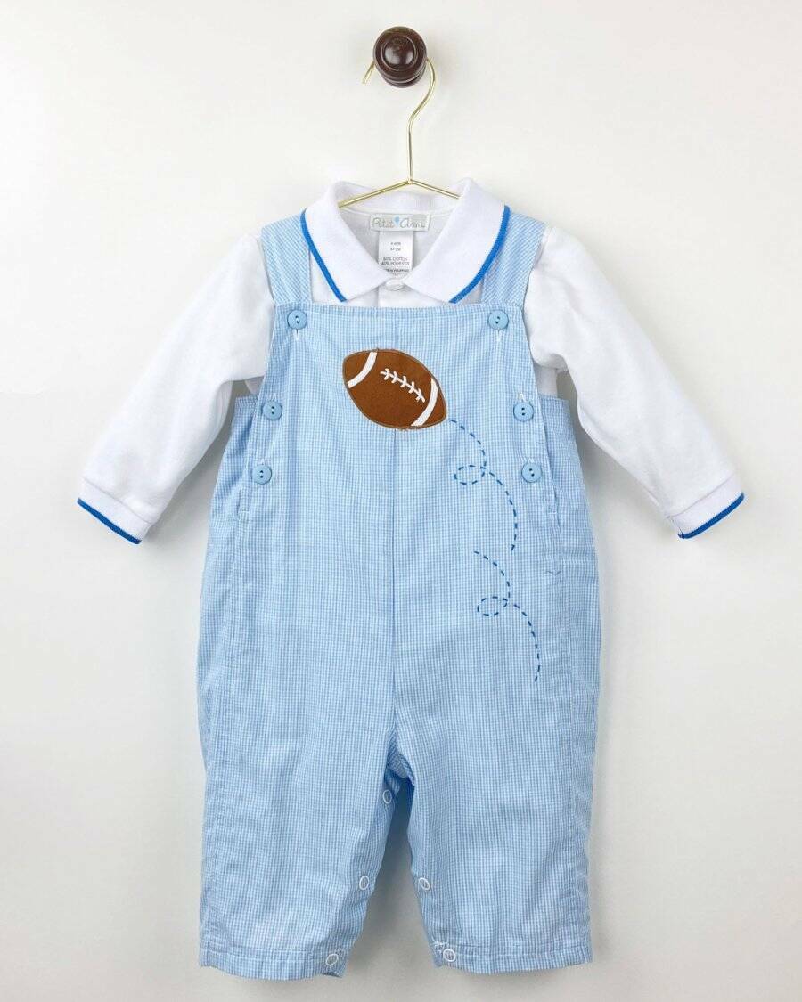 Petit Ami Blue Check 2 Piece Football Longall Set 3 6 9 Months