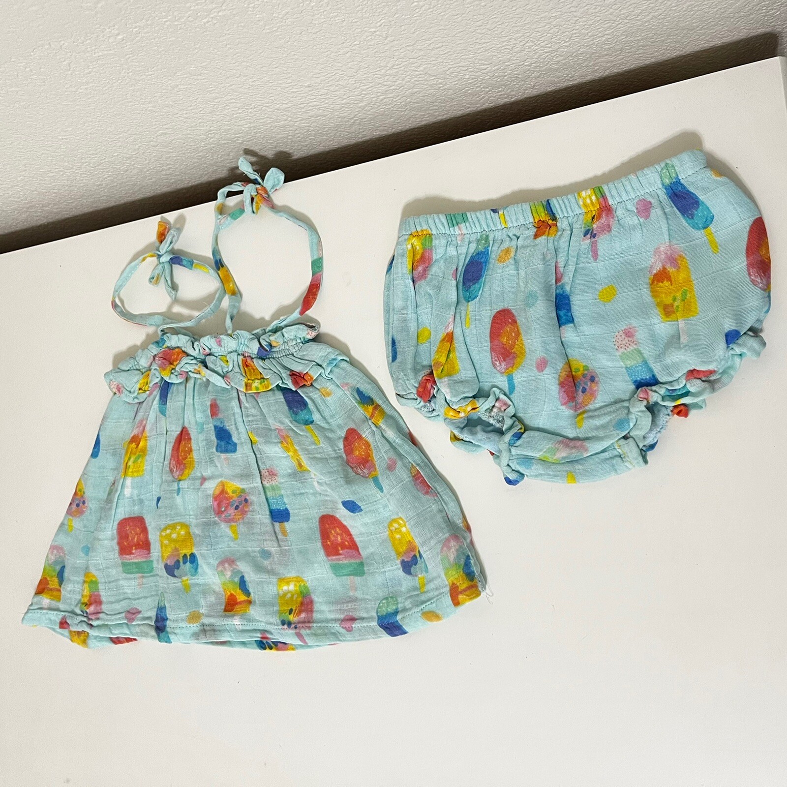Angel Dear Organic Muslin Ruffle Top & Bloomers Set Popsicles 18-24 Months NWT