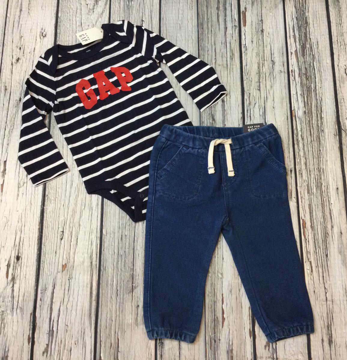 Baby Gap Boys 12-18 Months Navy Blue Logo Shirt & Soft Pull-On Denim Pants. NWT