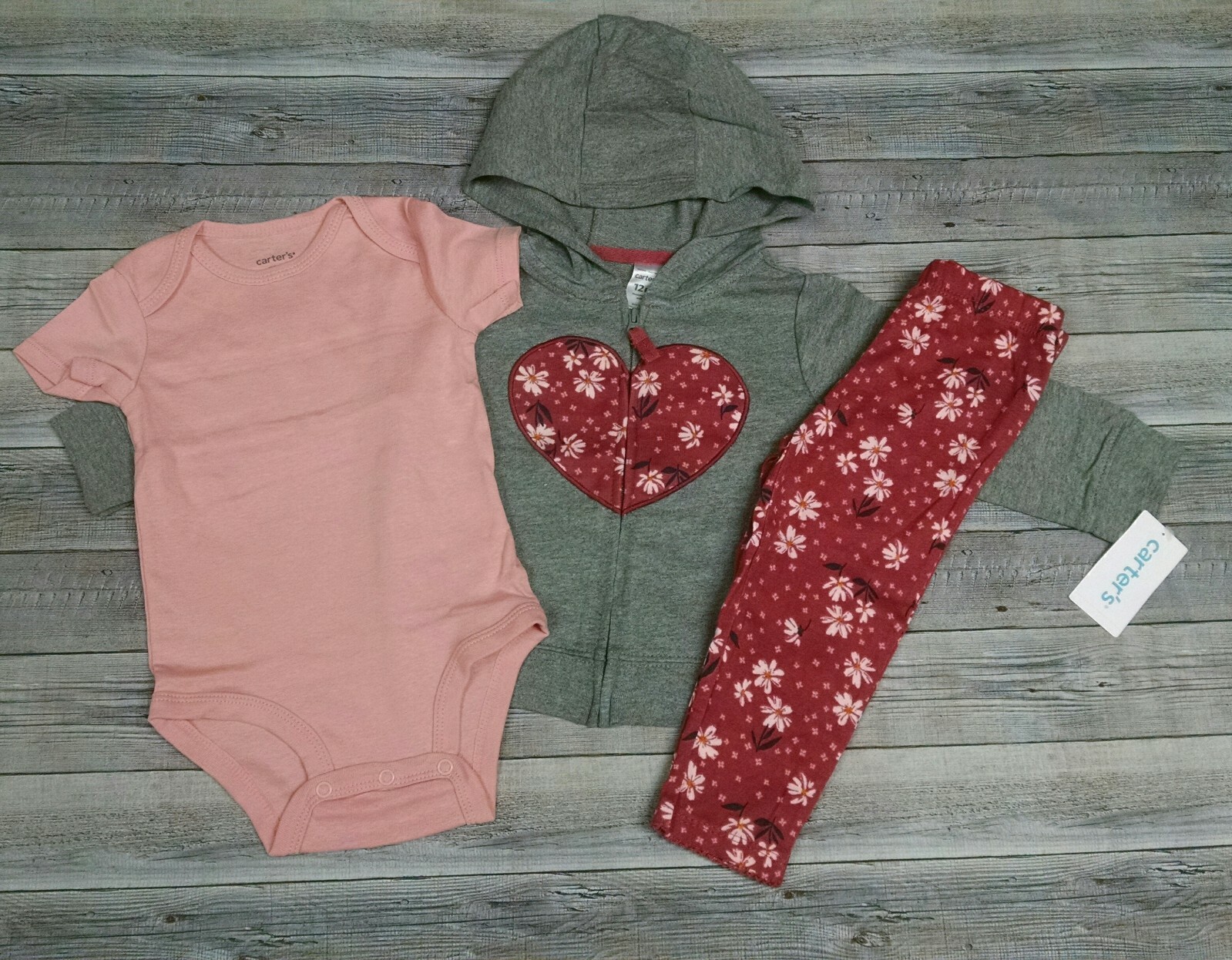 New! Baby Girl’s Carter’s 3pc Floral Hoodie Bodysuit Pants Outfit 12M 18M 24M
