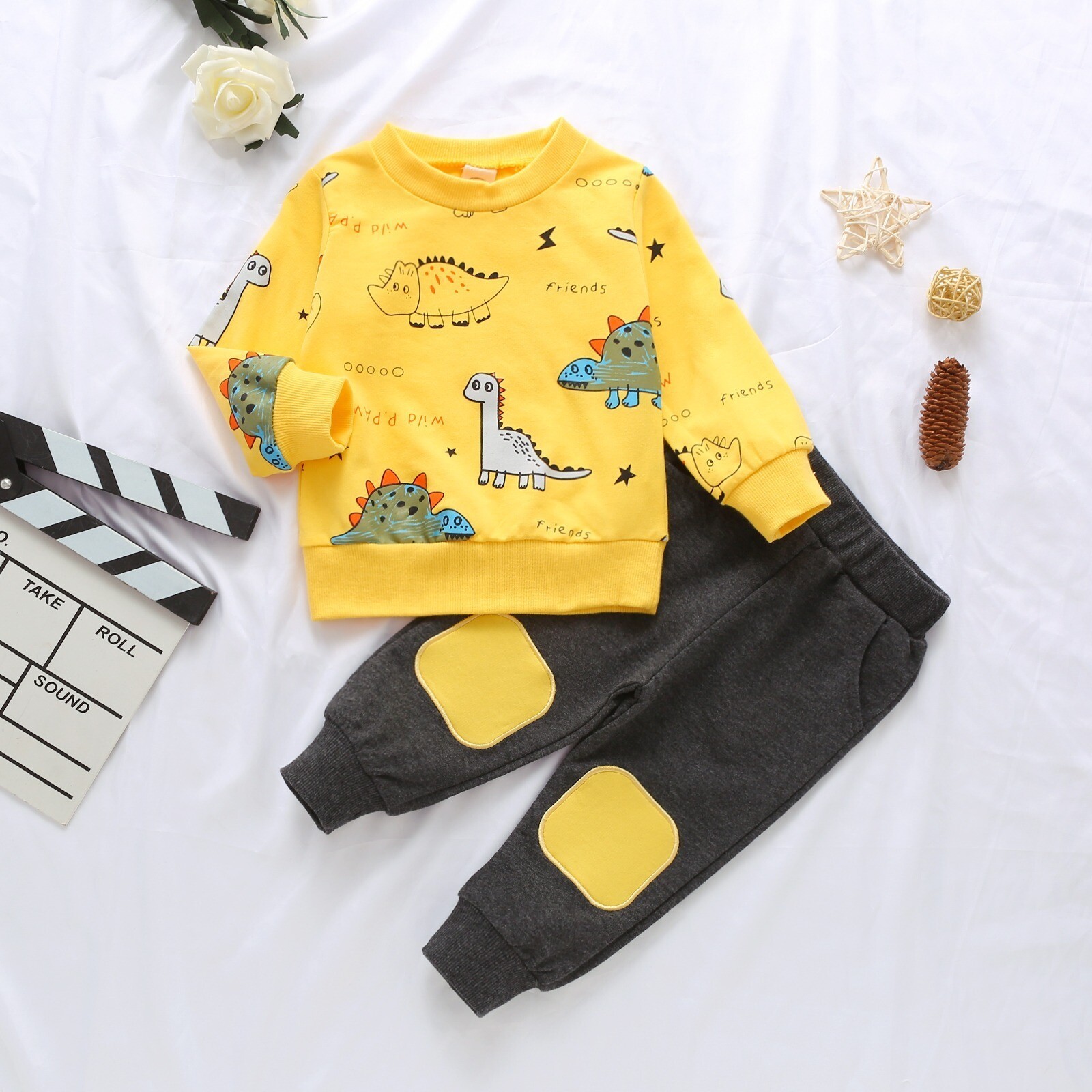 Infant Baby Boys Cute Dinosaur Print Round Neck Sweatshirt Ribbed Pant Tracksuit