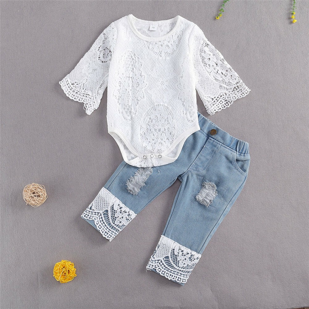 2Pcs Newborn Infant Baby Girl Clothes Outfit Lace Romper + Blue Denim Pants Set