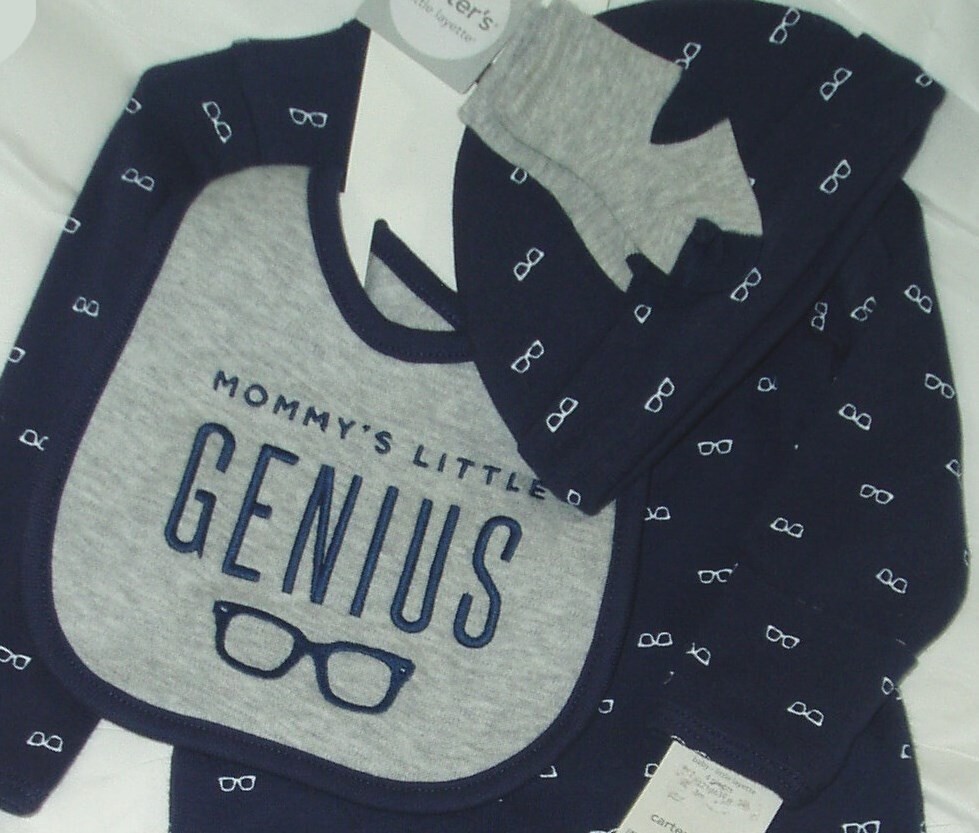 Mommy’s Little Genius Gown Cap Sock Bib Baby Boy 4-pc Perfect Gentleman Gift Set