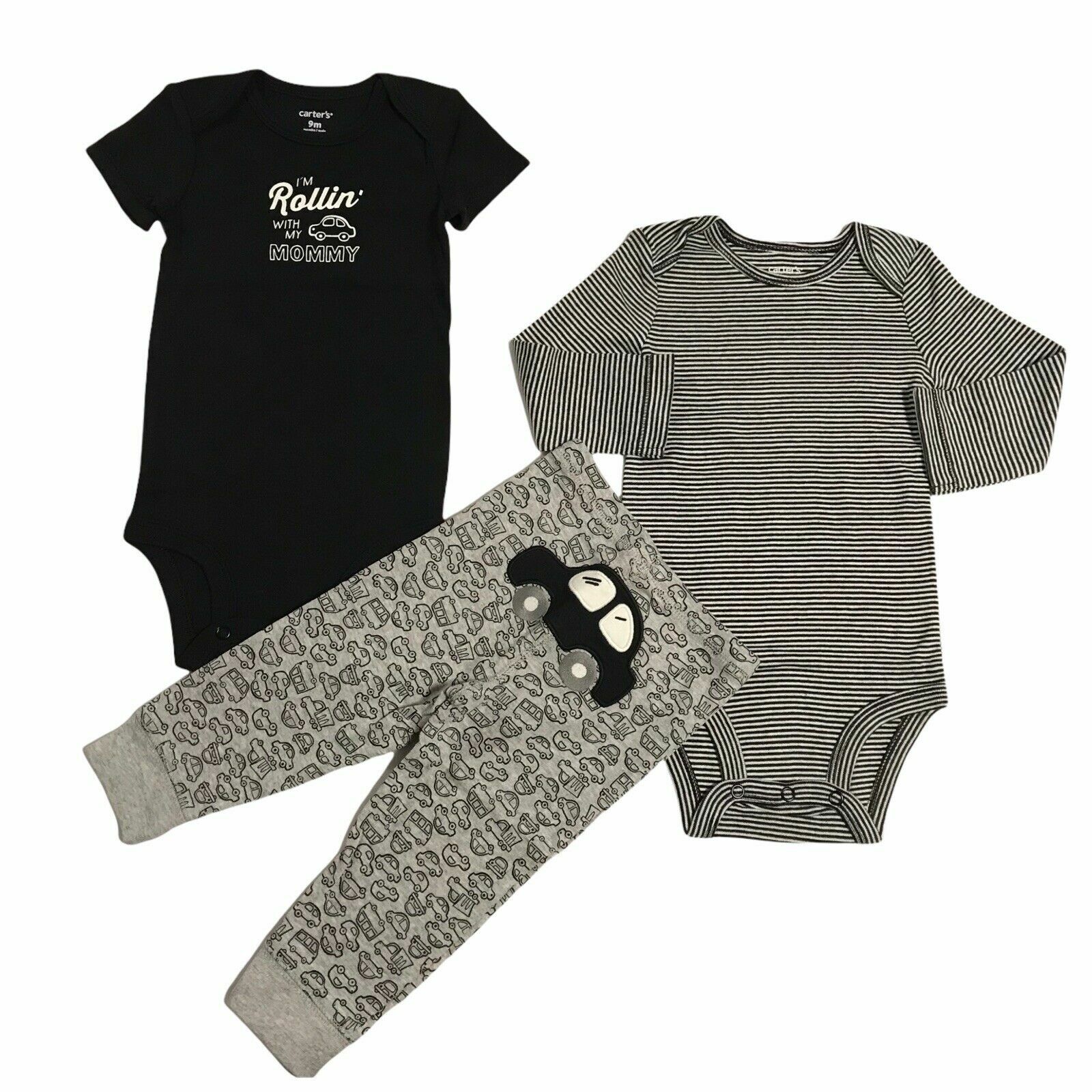 Carter’s Baby Boys 3pc Cars Print Pants & Tops Outfit Set 9-12 Months Black-Gray