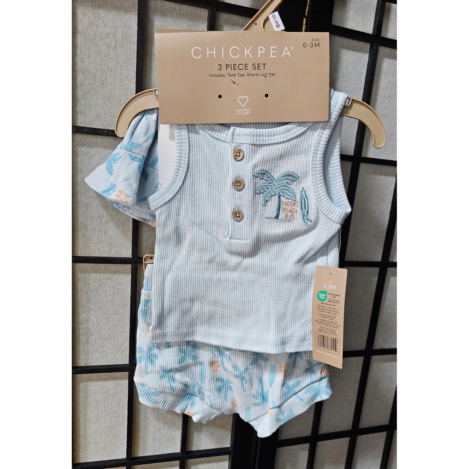 CHICKPEA 3 Piece Palm Tree Tank Shorts Hat Set 0-3M Blue Tropical NWT