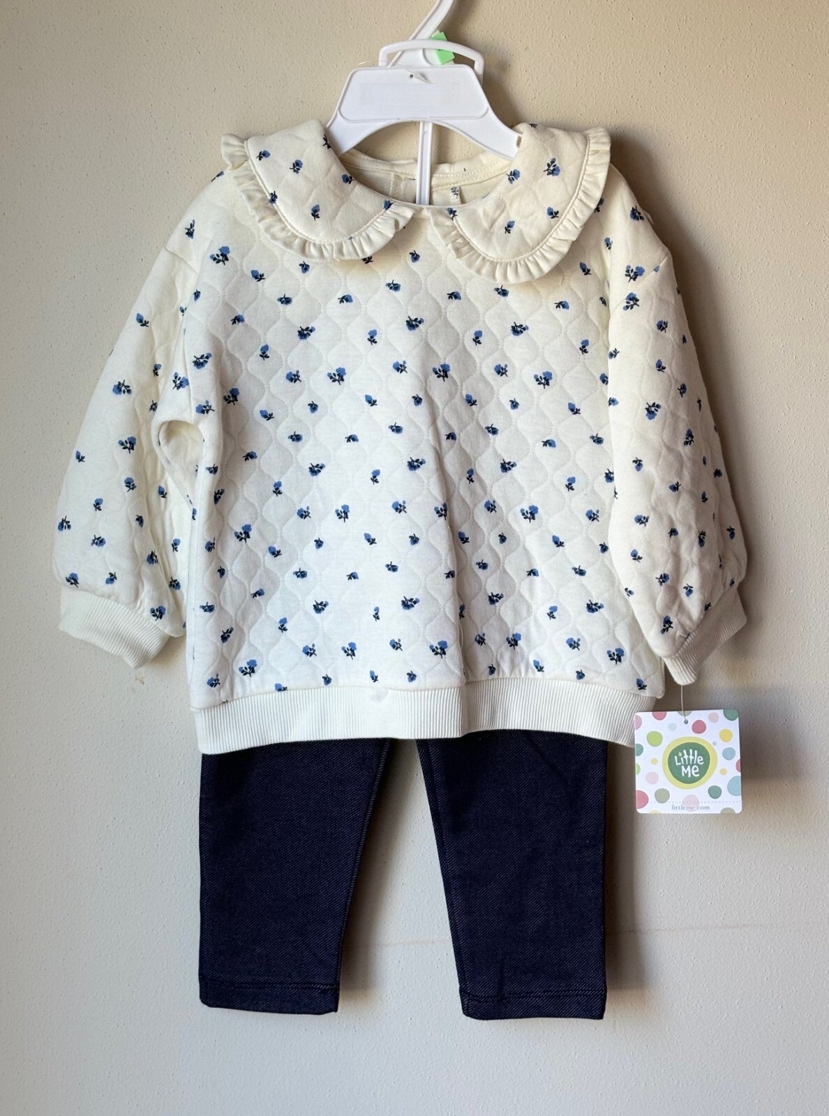 Little Me Baby 18M Cotton-Blend Sweatshirt Pant Set (2PC) – White w Floral/Blue