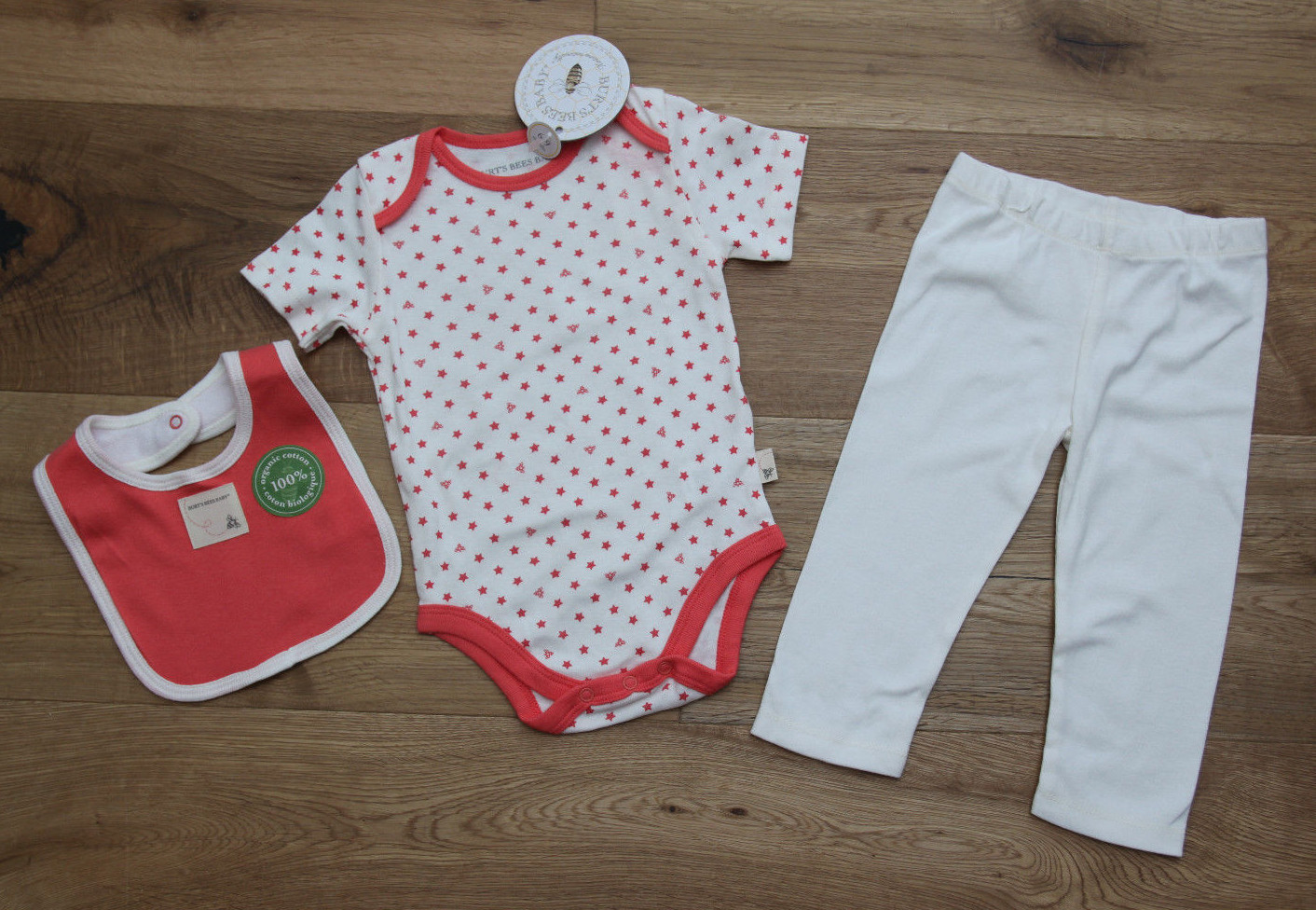 Burt’s Bees Baby Girl 3 Piece Bodysuit, Pants & Bib Set~ Coral & Ivory ~ Organic