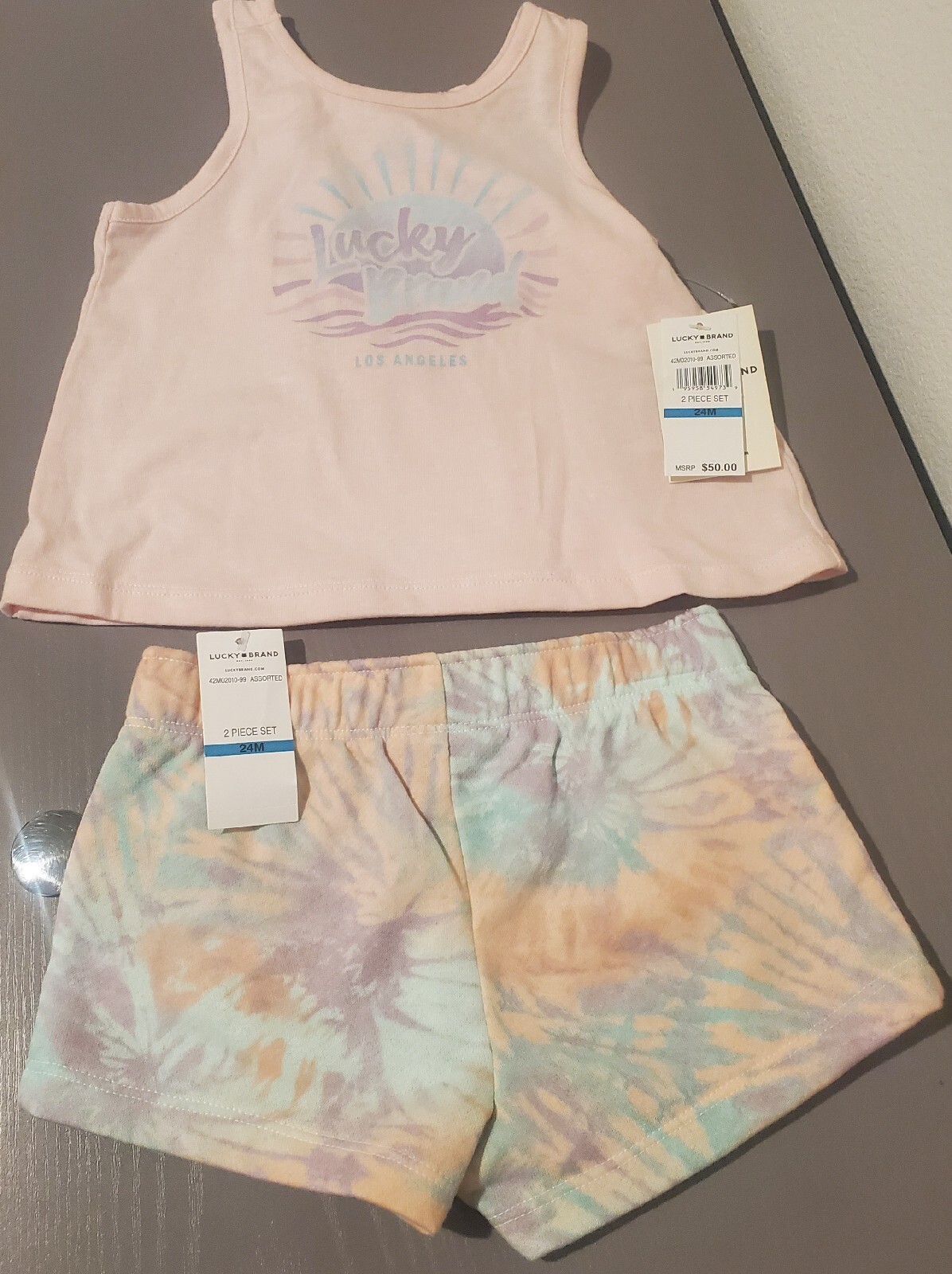 LUCKY BRAND LOS ANGELES BABY GIRL’S SLEEVELESS TIE DYE 2 PIECE SETS, SZ 24M