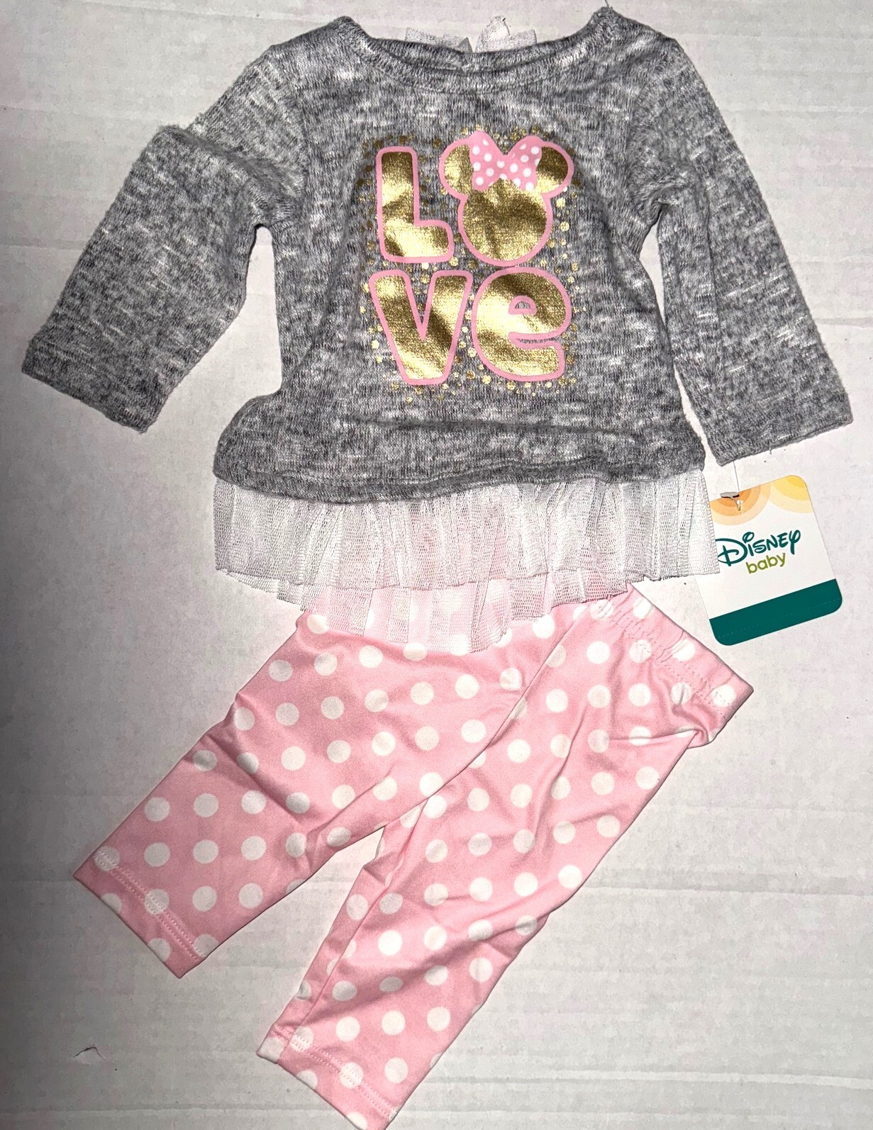 DISNEY BABY 2 pc set gray/white/pink/dots MINNIE MOUSE motif size 0-3 months