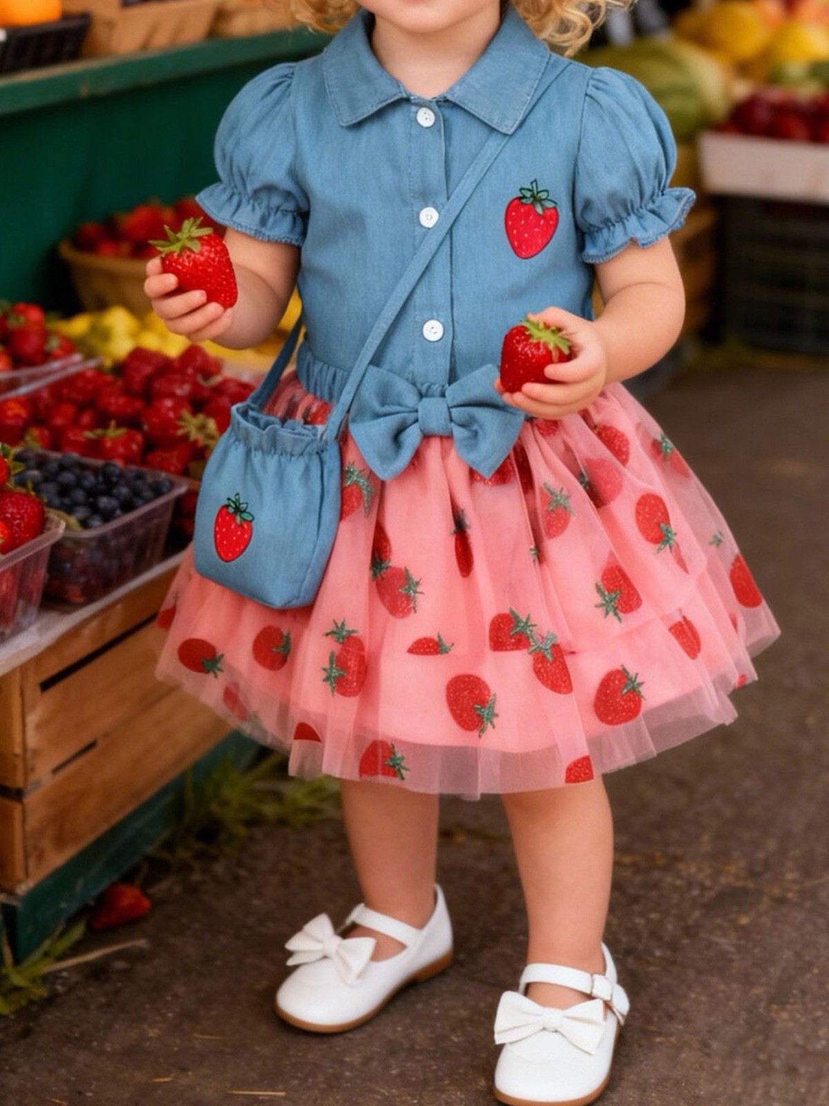 Children’s Strawberry Short Sleeve Top and Skirt Set with Bag