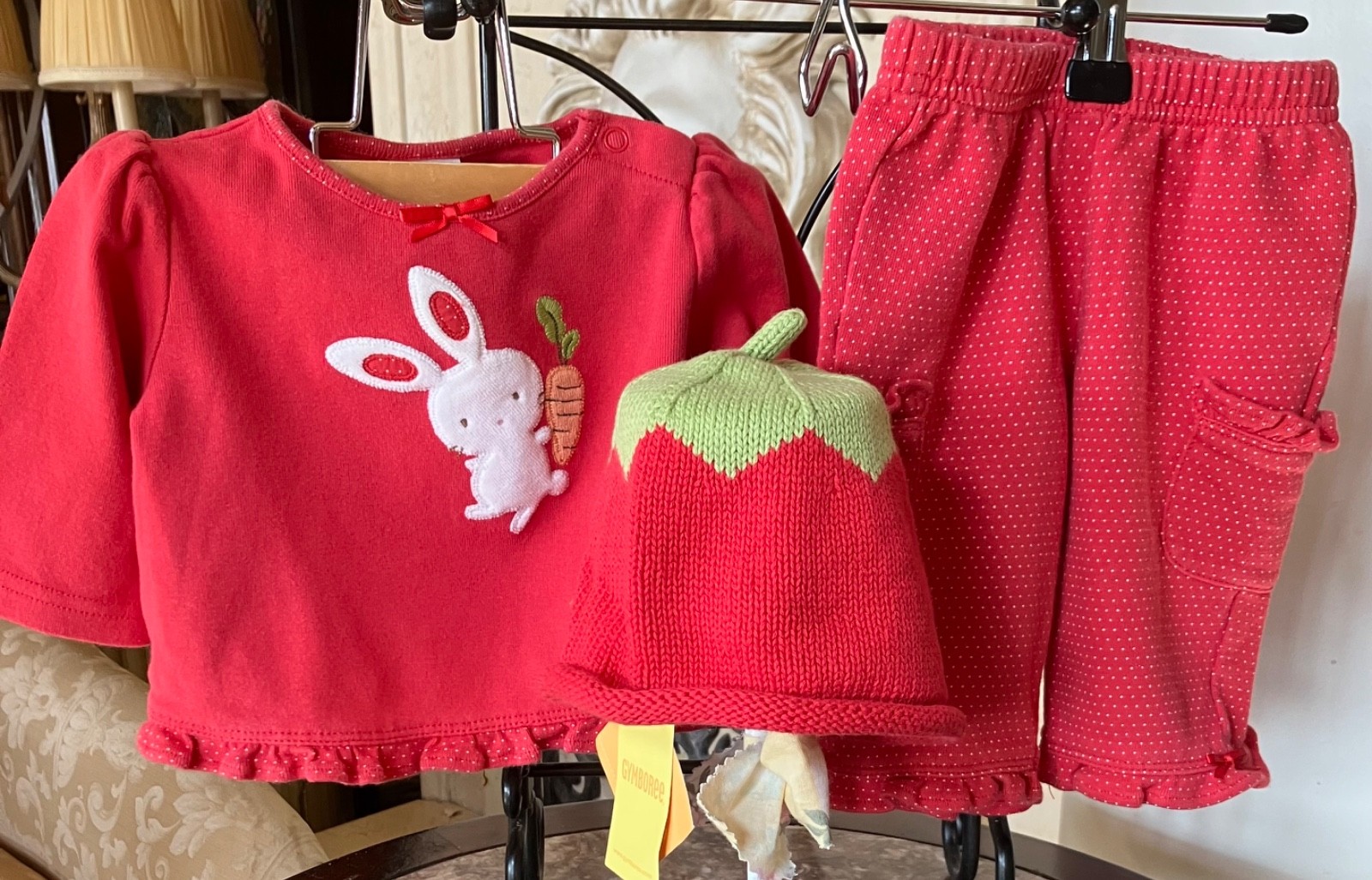 Vtg Gymboree 07 Does Your Garden Grow tomato red top pants bunny set 0-3 hat 3-6